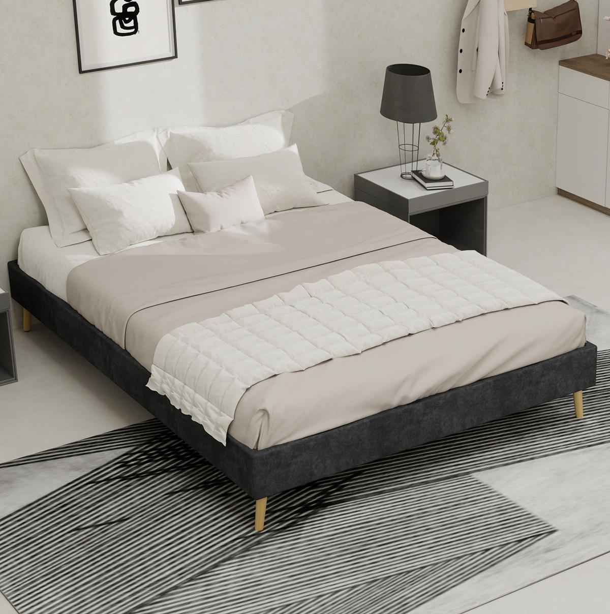 POLSTERBETT 140/200 cm grau aus Stoff und Metall mit Stauraum - Grau, Textil (140/200cm) - OKWISH