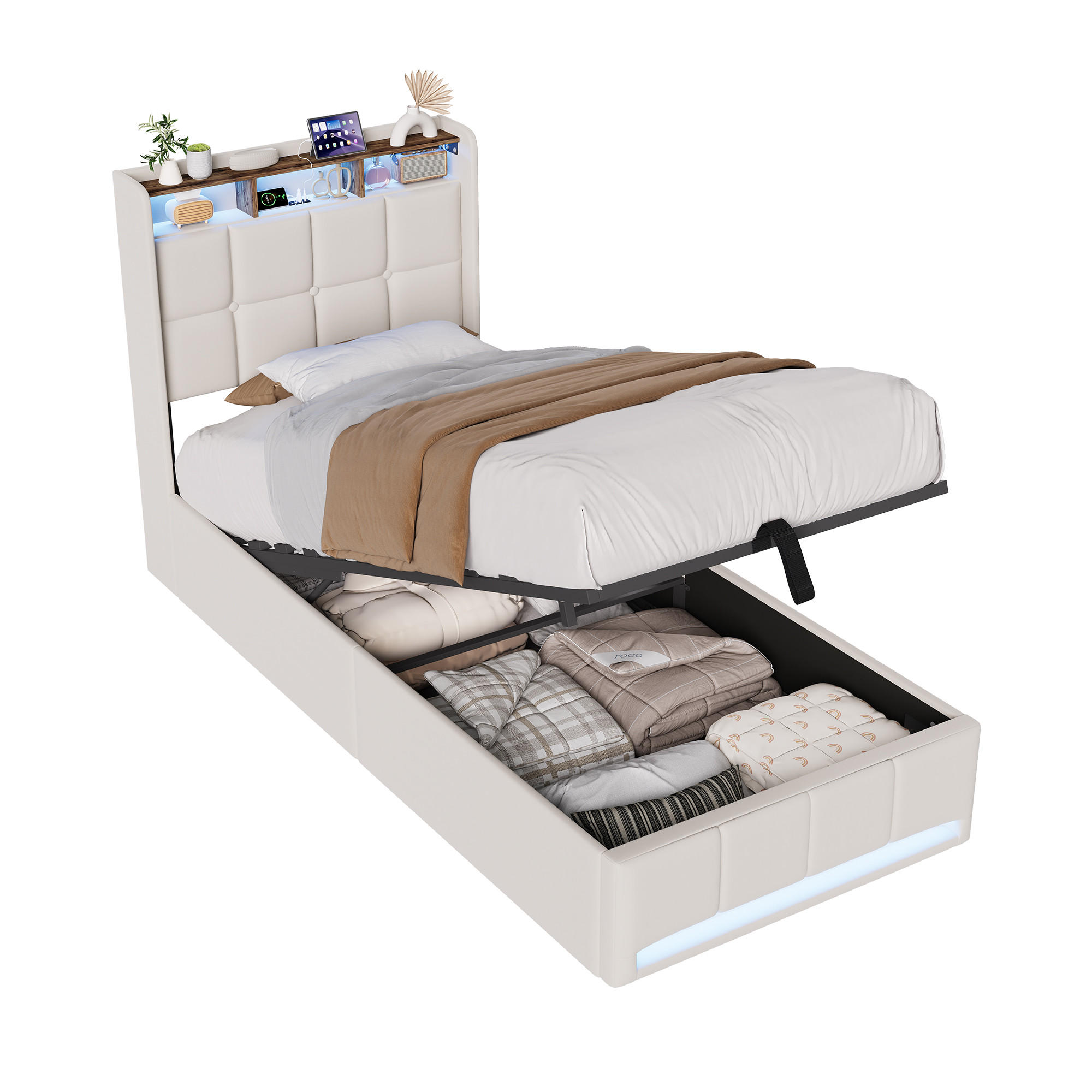 POLSTERBETT 90x200 cm Beige mit LED Beleuchtung, Kopfteil mit Stauraum und USB/Type-C, hydraulisches Stauraumbett - Beige, Metall (90/200cm) - EuroLiving