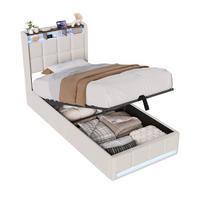 POLSTERBETT 90x200 cm Beige mit LED Beleuchtung, Kopfteil mit Stauraum und USB/Type-C, hydraulisches Stauraumbett - Beige, Metall (90/200cm) - EuroLiving