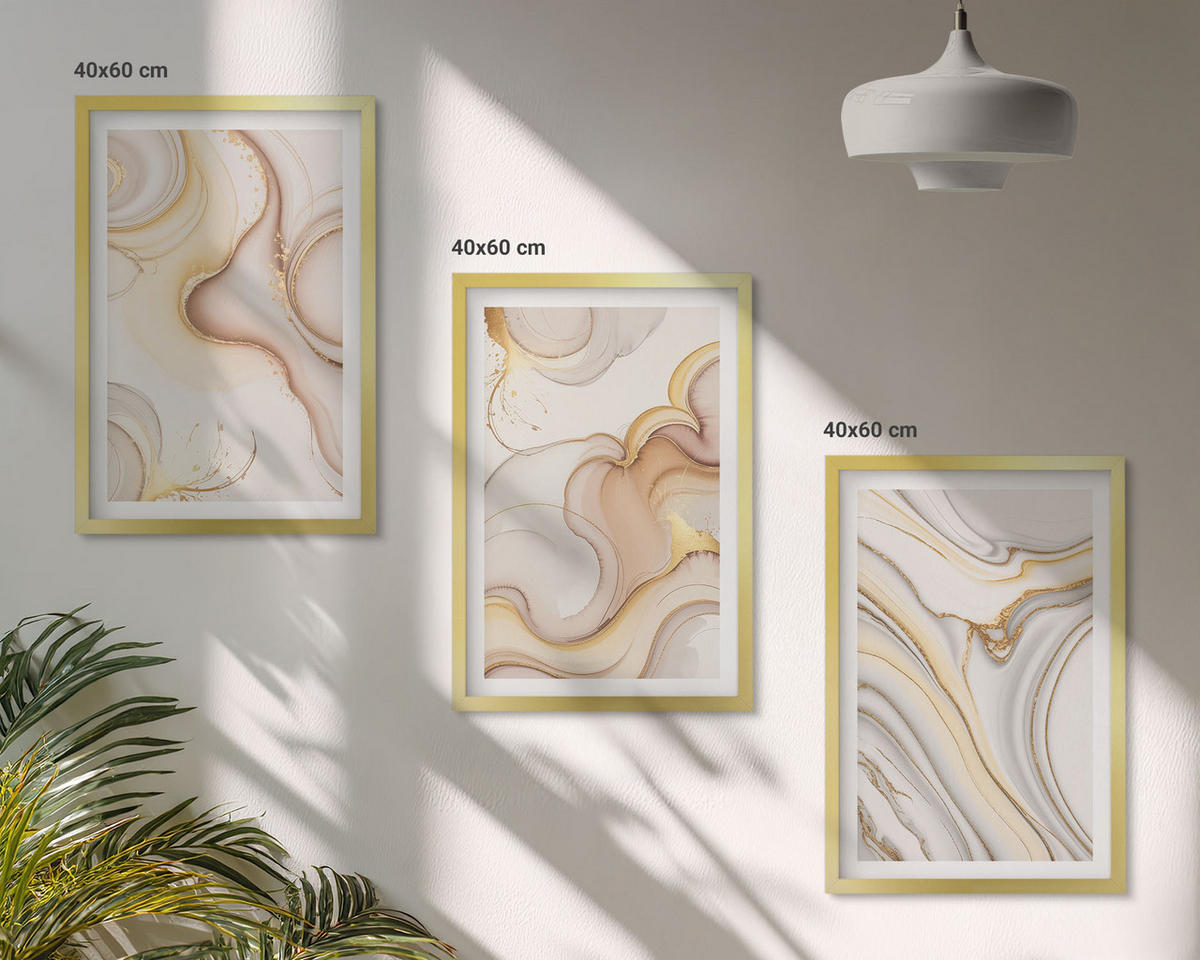WANDBILDER 3er Set - 40x60 cm Goldrahmen - Lineare abstrakte Motive - Goldfarben, Kunststoff (40/60cm) - ArtPrintCave