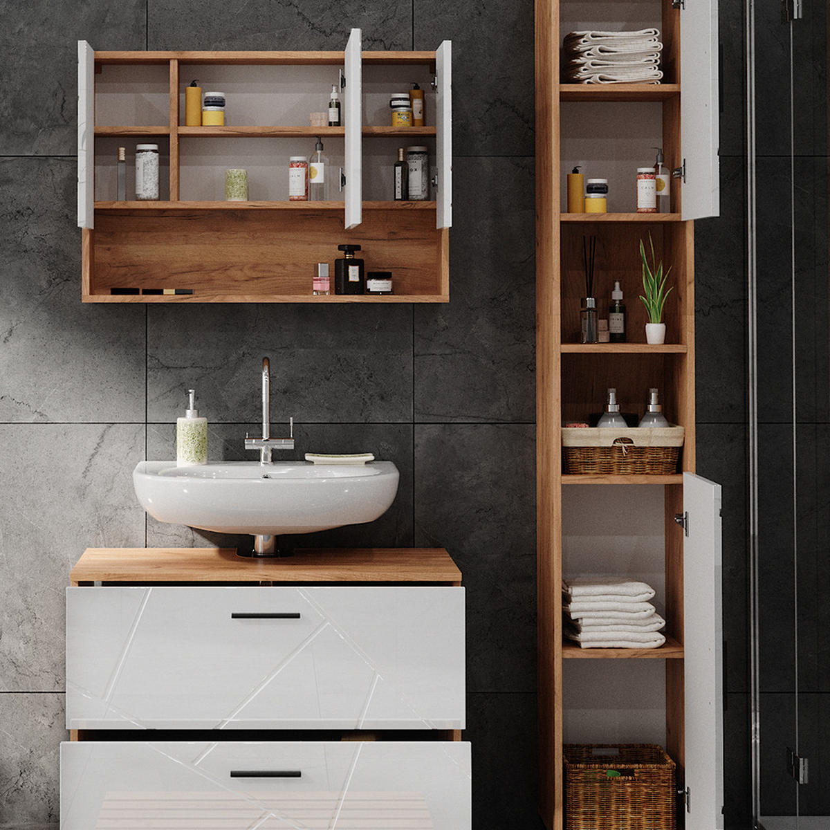 BADMÖBEL-SET Irma Weiß Hochglanz/Goldkraft Eiche 3 Teile Spiegelschrank 80 cm - Weiß Hochglanz/Eiche Wotan, Holzwerkstoff (80/58.6/41cm) - Vicco