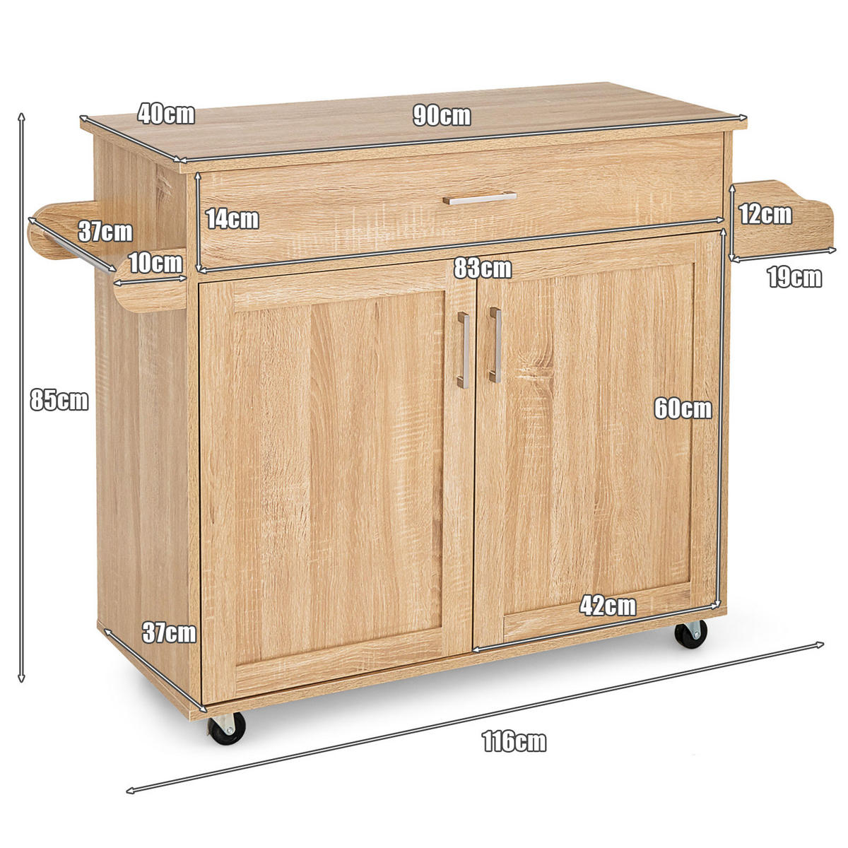 KÜCHENWAGEN Holz Natur - Weiß, Holz (40/85/116cm) - COSTWAY