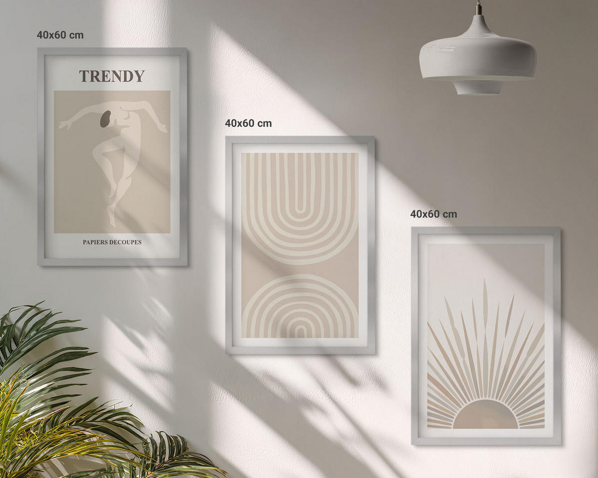 BILDER SET 3er Set - 40x60 cm Silberner Rahmen - Abstrakte Poster im Boho-Stil in Pastellfarben - Silberfarben, Kunststoff (40/60cm) - TULUP