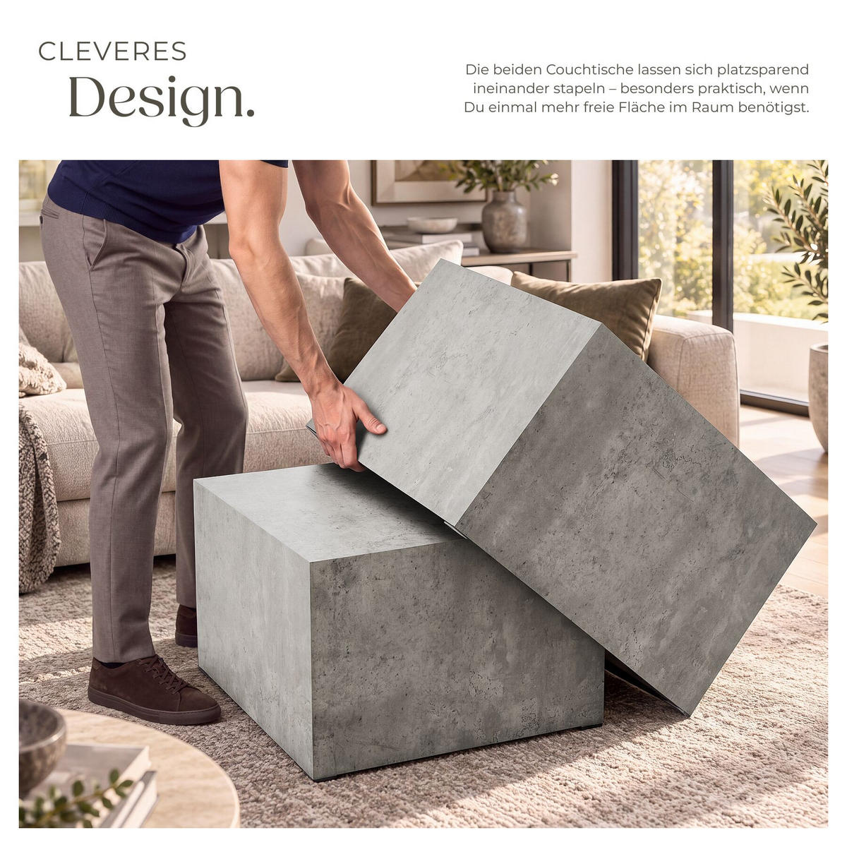 COUCHTISCH 2er Set Lacey, inkl. Filzschoner, Belastbarkeit 45 kg, Beton Optik - Grau, Holz (60/60/40cm) - tectake