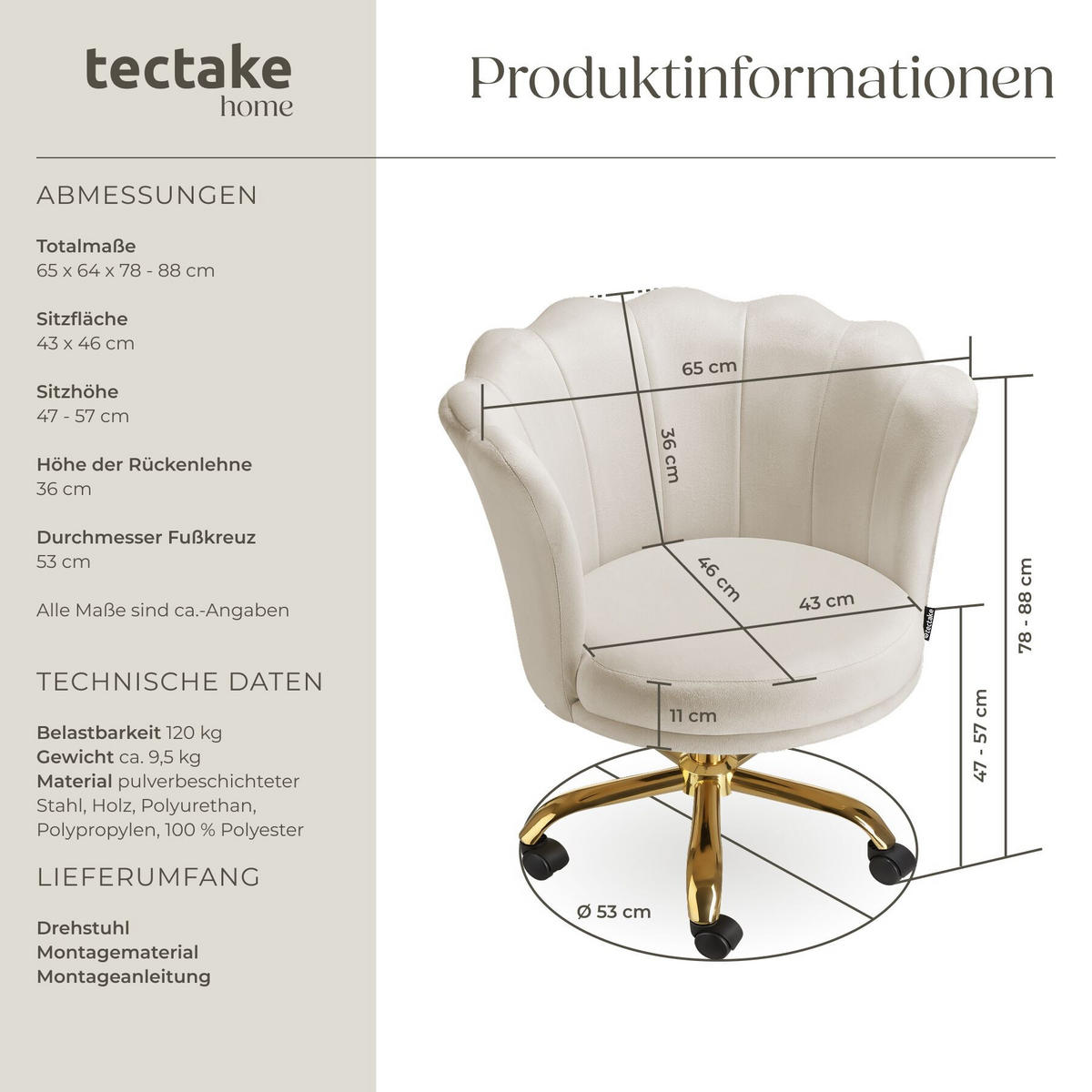 DREHSTUHL Stella,65 x 64 x 78 - 88 cm, Belastbarkeit 120 kg,creme/gold - Goldfarben/Creme, Kunststoff (64/88/65cm) - tectake
