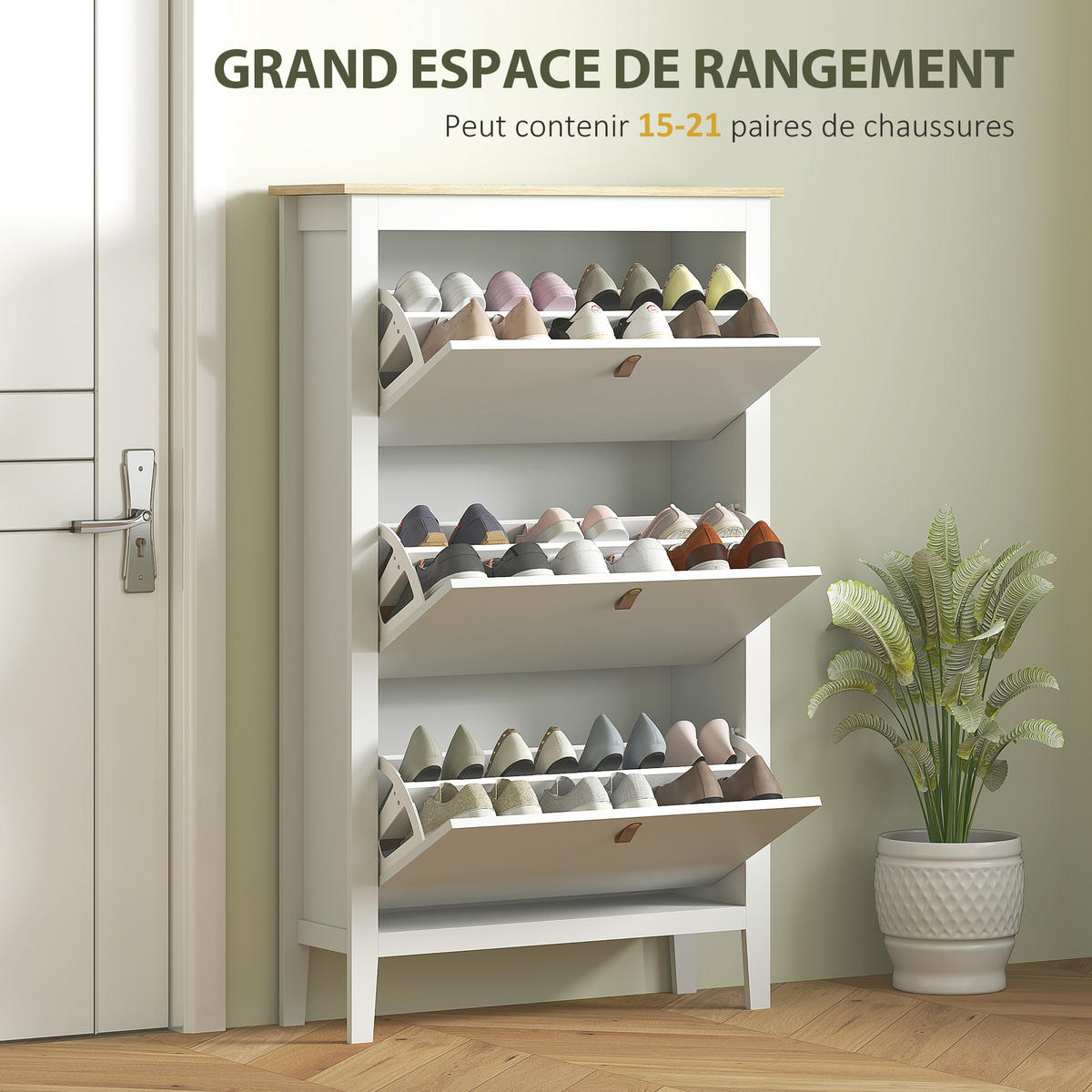 SCHUHSCHRANK,3 Klappschubladen herausnehmbare Böden für 21 Paar,weiß - Weiß, Holzwerkstoff (80/131/24cm) - Vallsero