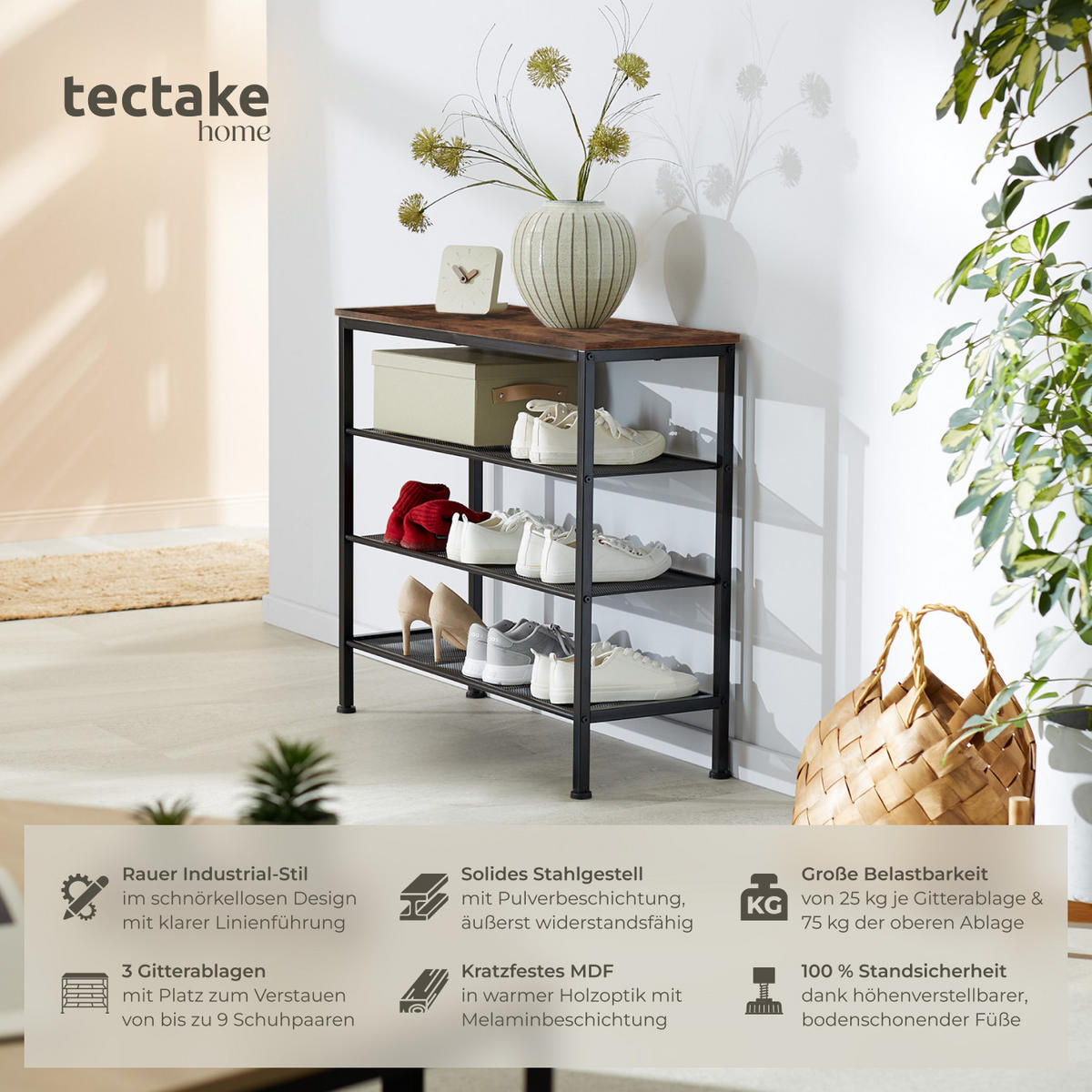 SCHUHREGAL Newport,80,5 x 30,5 x 72,5 cm,Industrial Holz dunkel, rustikal - Rostfarben, Metall (30.5/72.5/80.5cm) - tectake