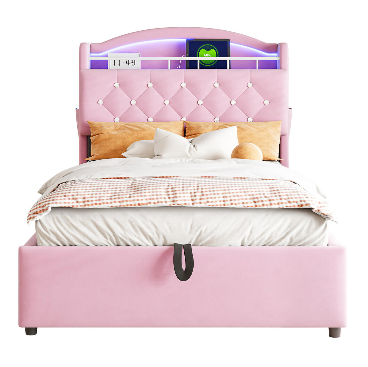 DJEČJI tapecirani krevet 90/200 cm ružičasti od tkanine s LED rasvjetom, USB priključcima i spremištem - pink, tekstil (90/200cm) - OKWISH