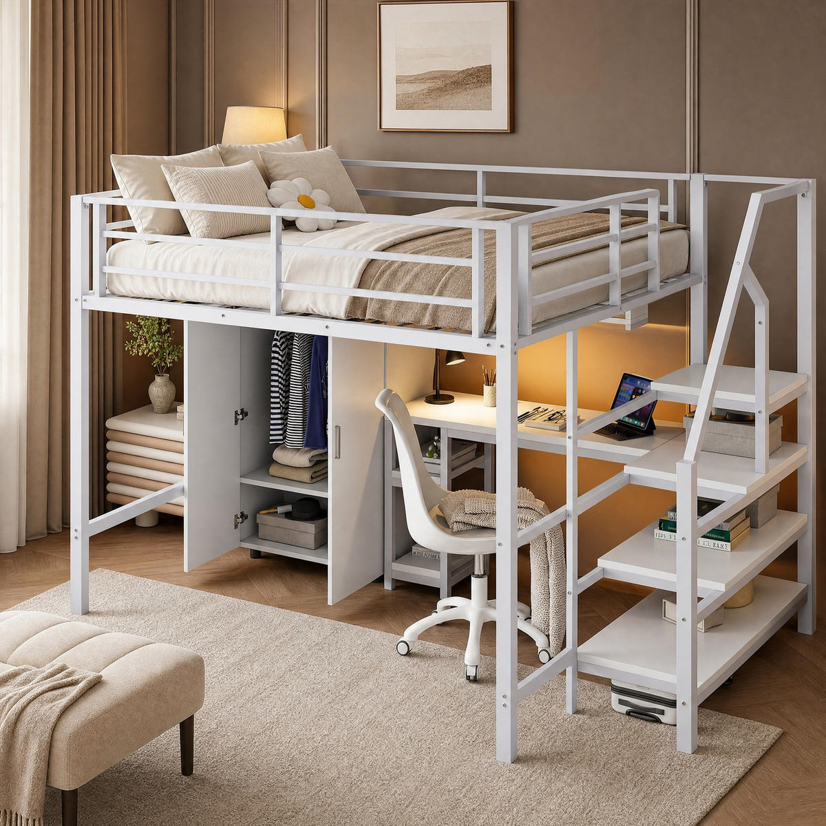 HOCHBETT 140/200 mit Kleiderschrank, Schreibtisch und Ablageleiter in Weiß - Weiß, Holzwerkstoff/Metall (140/200cm) - EVRYAE