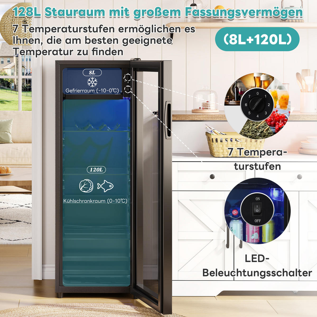MINIKÜHLSCHRANK 40.5/40/112 cm Schwarz 128L mit verstellbare Einlegeböden und blaueLED - Schwarz, Metall (40/110/40.5cm) - Oxeza