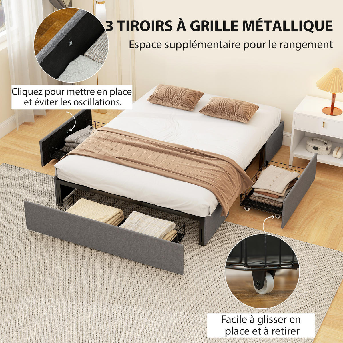 BETT 140x190 cm DE-14668 mit 3 Schubladen Grau - Grau, Metall (140/190cm) - ComfortXL