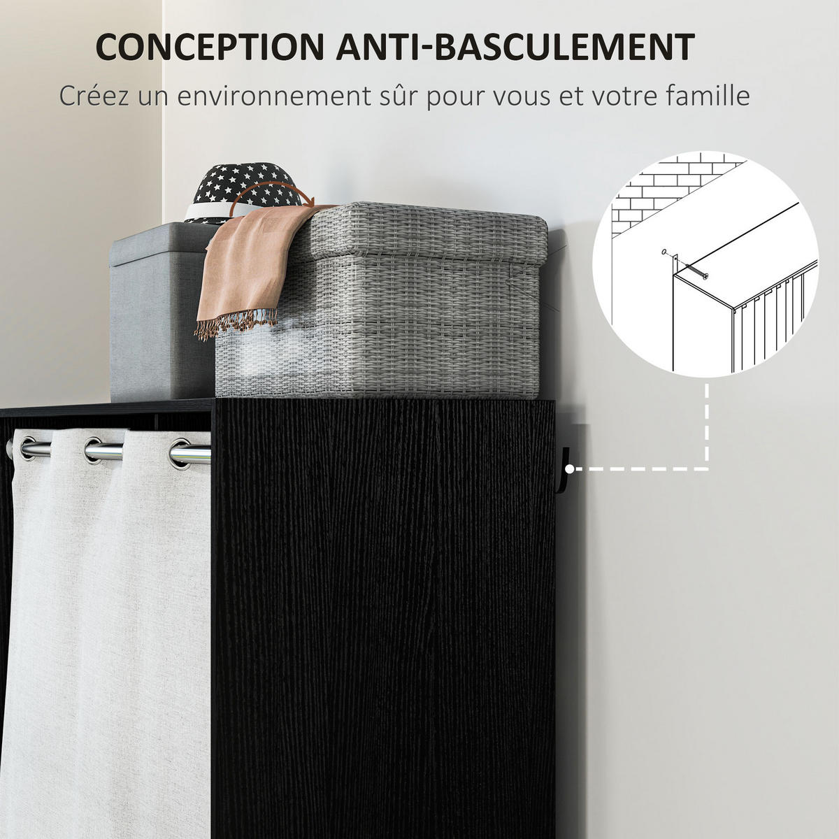 STOFFSCHRANK DE-17181 Schwarz - Schwarz, Holzwerkstoff (48/160/105cm) - ComfortXL