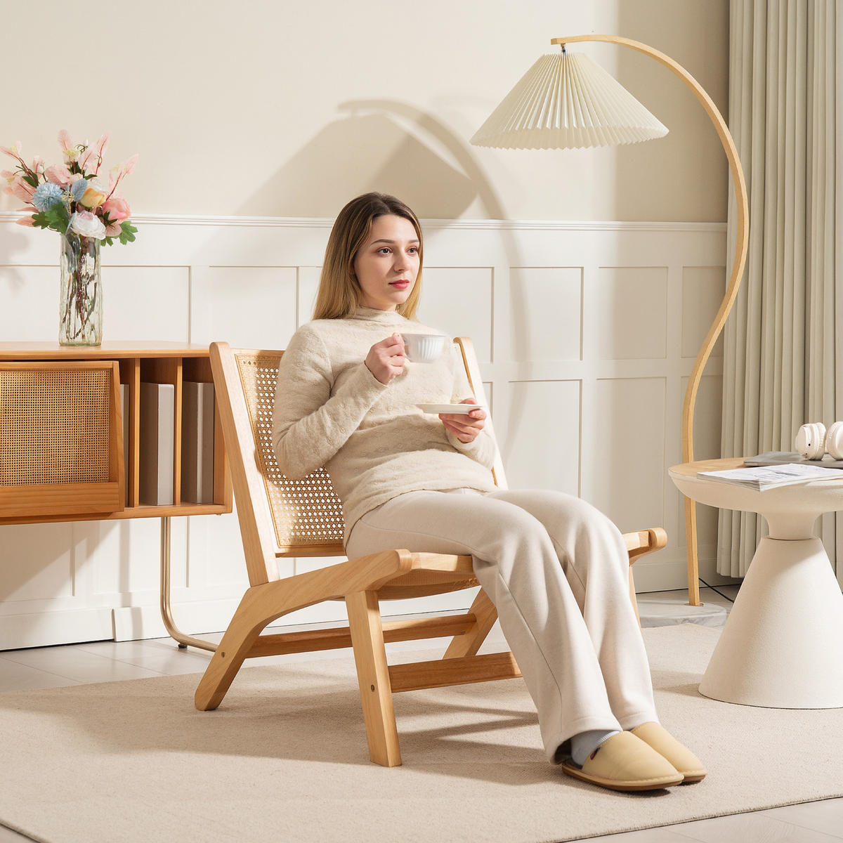 SESSEL mit Rattan-Rückenlehne, Naturfarben - Naturfarben, Kunststoff (64/74/70cm) - HOMCOM