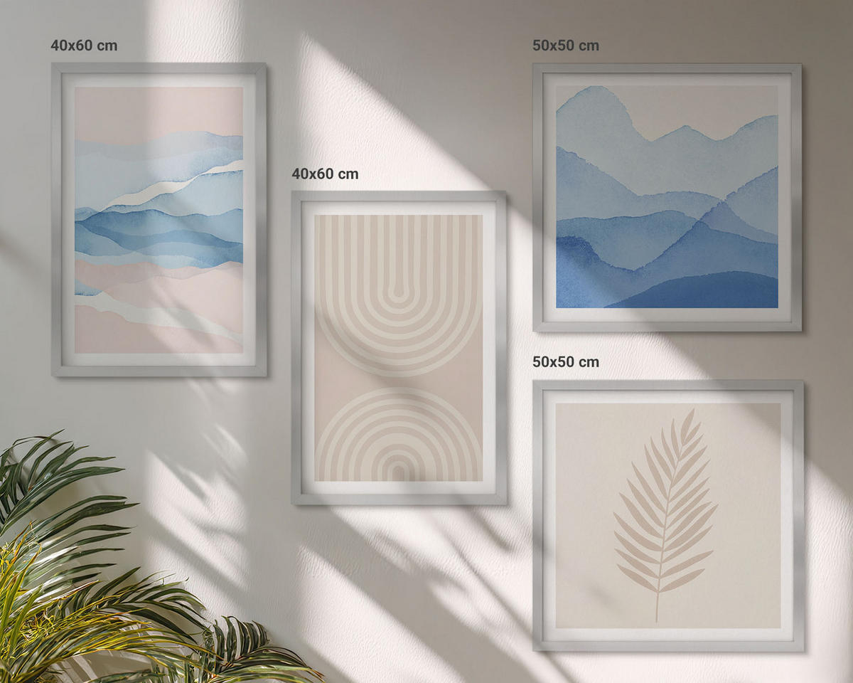 WANDBILDER 4er Set - 50x50 cm & 40x60 cm Silberner Rahmen - Blätterwellen beige blau - Silberfarben, Kunststoff (50/50cm) - ArtPrintCave