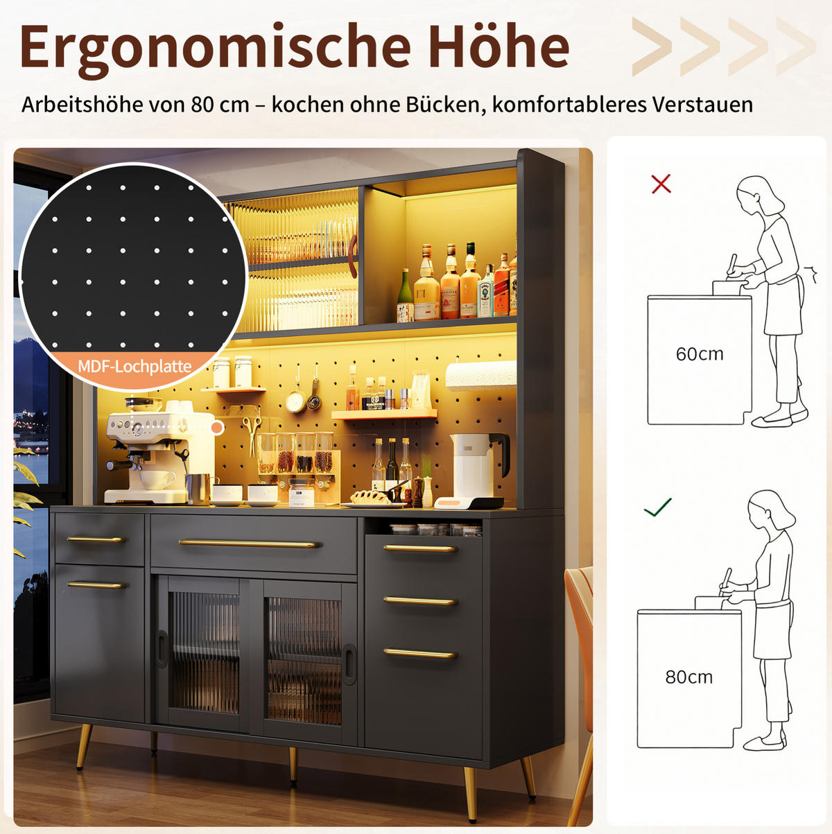 SIDEBOARD z MDF a skla, 145/39/171 cm černý, s LED osvětlením - černá, kompozitní dřevo (145/171/39cm) - Modenvie