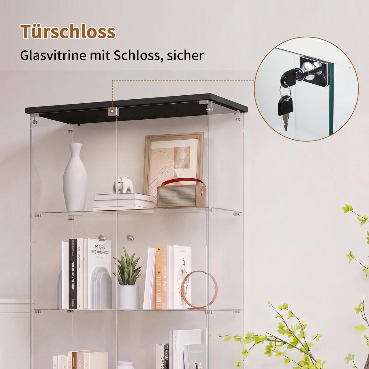 GLASVITRINE Schwarz mit 2 Tür 4 Etagen mit Schloss - Schwarz, Glas (36.32/164.34/80.52cm) - BPKADHY