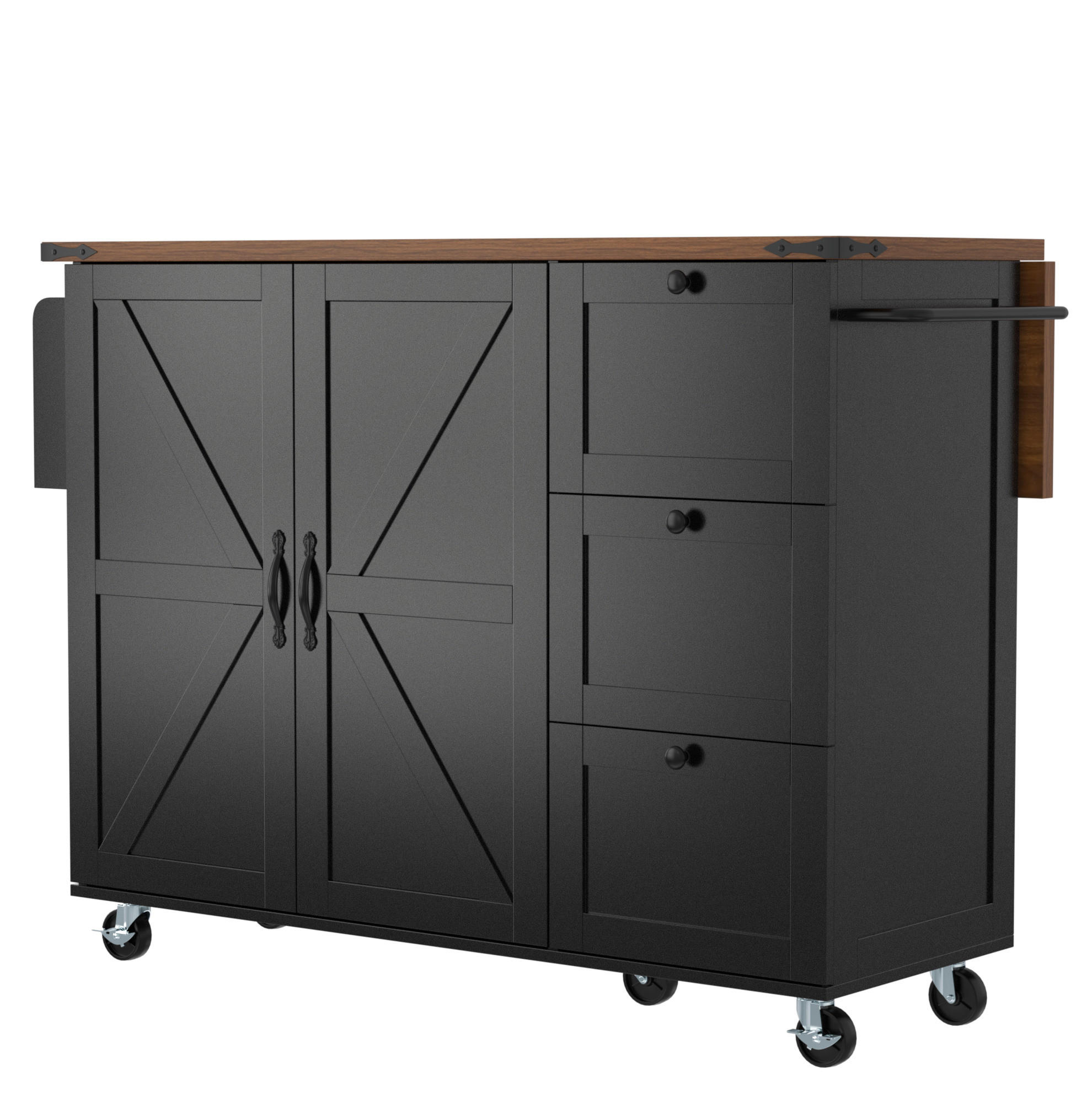 KÜCHENINSEL aus MDF 140x45x92,5 cm Schwarz mit klappbarer Arbeitsplatte, 5 Rollen und 3 Schubladen - Schwarz, Holzwerkstoff (140/92.5/45cm) - Modfu