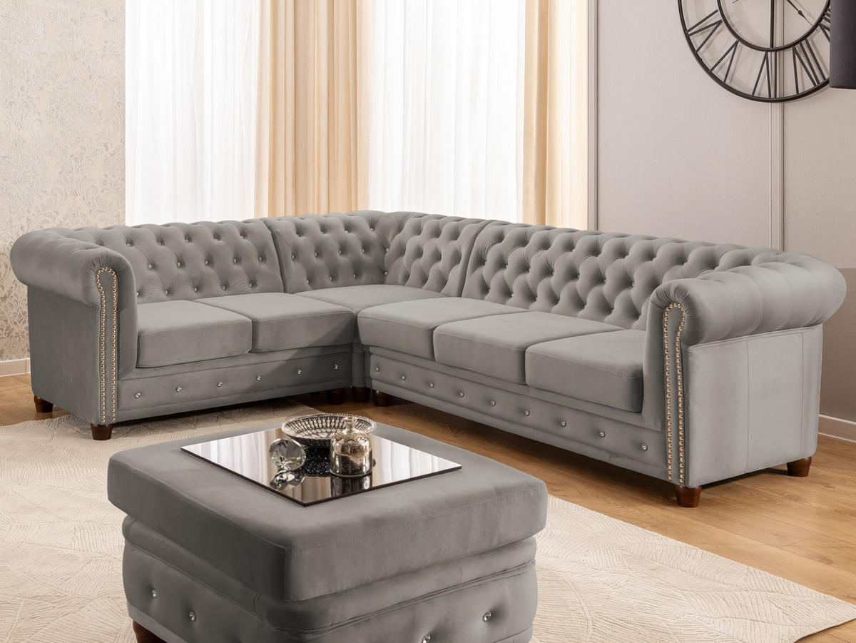 ECKSOFA mit Schlaffunktion Chesterfield Marineblau Samt mit Kristallsteppung und braunen Massivholzfüßen - Ottomane Links - Blau/Braun, Holz/Textil (264/210cm) - S-Style Möbel