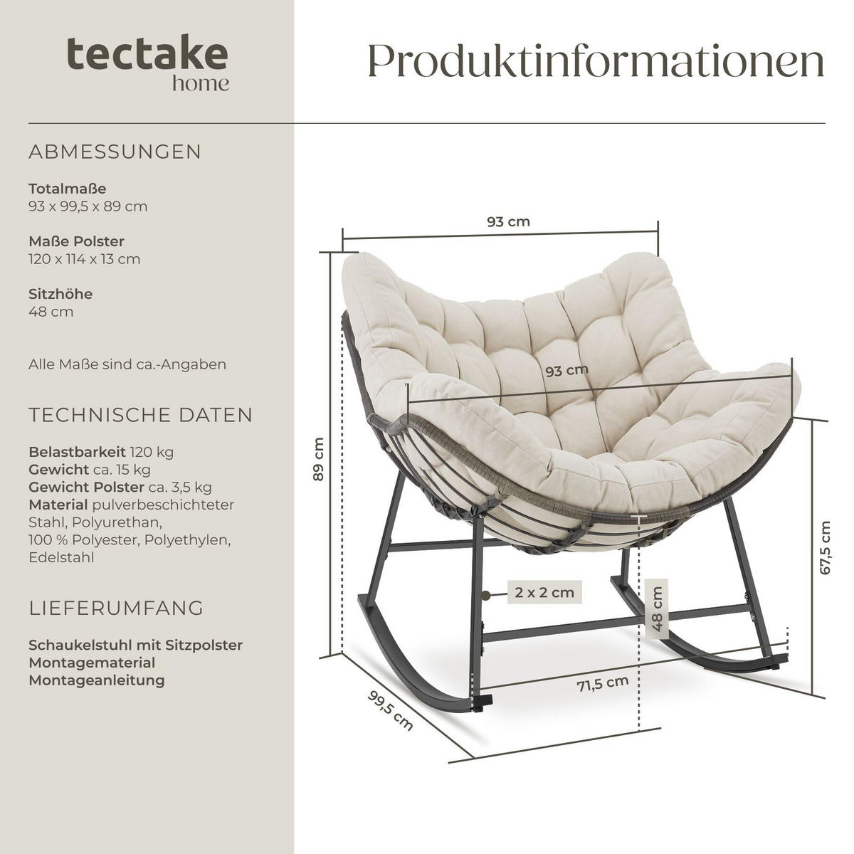 SCHAUKELSTUHL Tami, 93 x 99,5 x 89 cm, beige - Beige, Kunststoff (93/89/99.5cm) - tectake