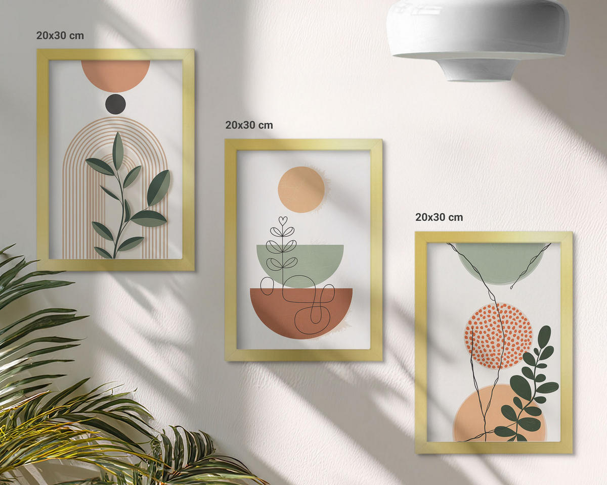 WANDBILDER 3er Set - 20x30 cm Goldrahmen - Abstrakte Pflanzenformen - Goldfarben, Kunststoff (20/30cm) - ArtPrintCave