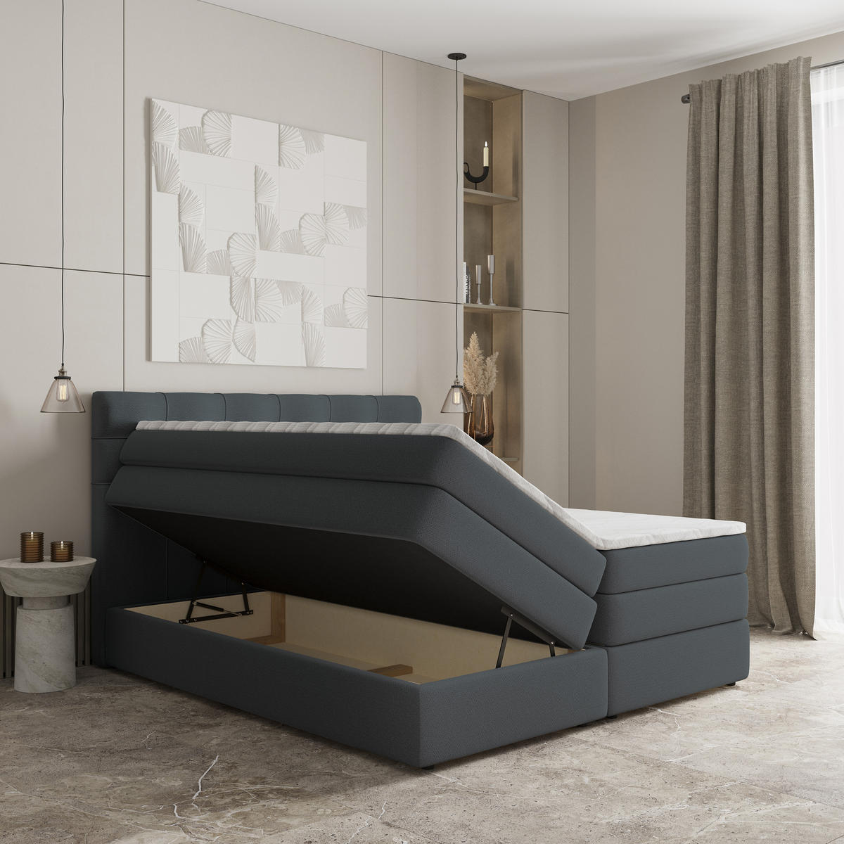 BOXSPRINGBETT AREZI 140x200 cm mit Matratze und Topper - Graphitfarben - Graphitfarben, Holz (140/200cm) - MASSENO