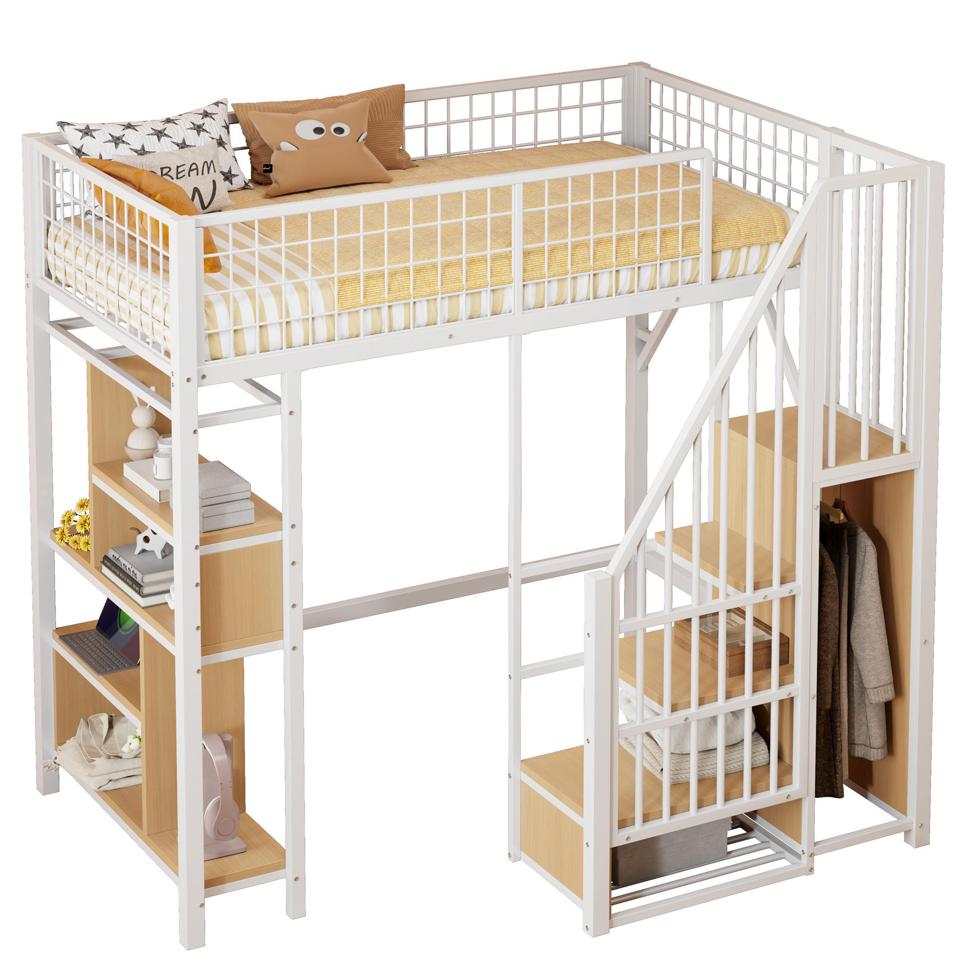 HOCHBETT 90/200 cm Weiß mit Stauraumtreppe und Stauraum - Weiß, Metall (90/200cm) - MIVRAY