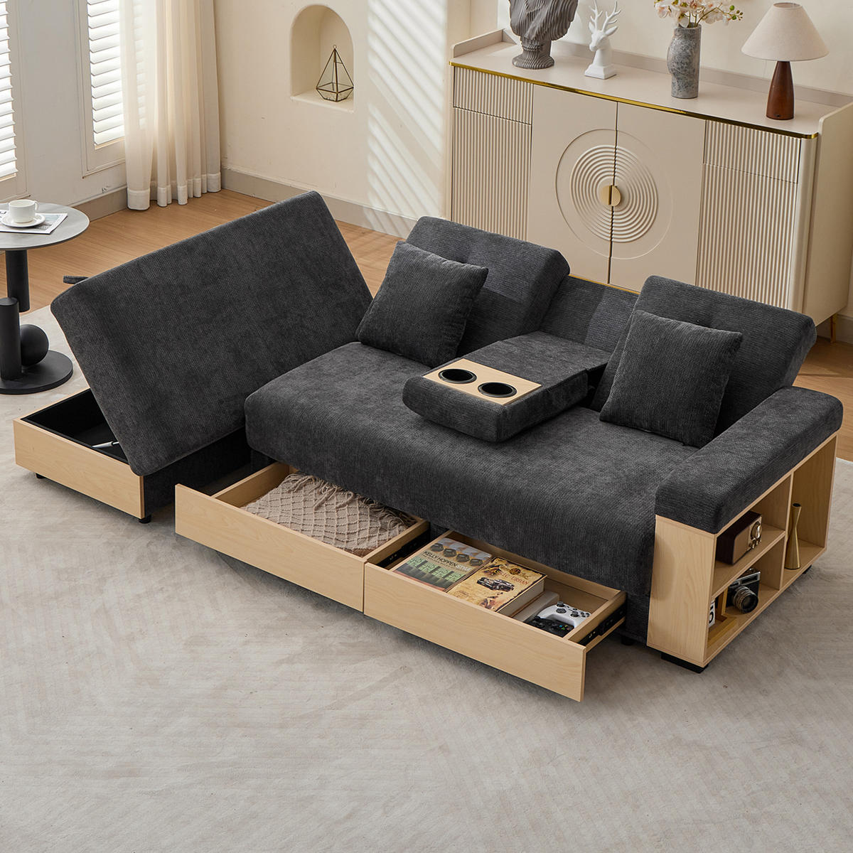 WOHNLANDSCHAFT Graues Chenille‑Stoffsofa mit Multifunktions‑Stauraum und verstellbarer Rückenlehne 217 × 110 × 90 cm - Grau, Textil (217/90/110cm) - Luhomfu