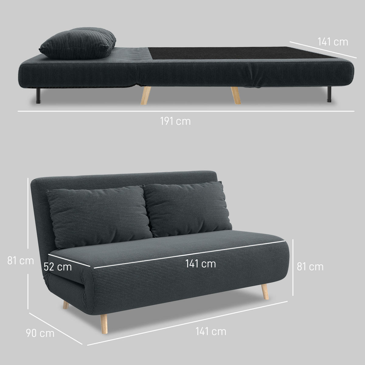 2-SITZER Schlafsofa Dunkelgrau 141.0/90.0/81.0 cm - Dunkelgrau, Textil (90/81/141cm)