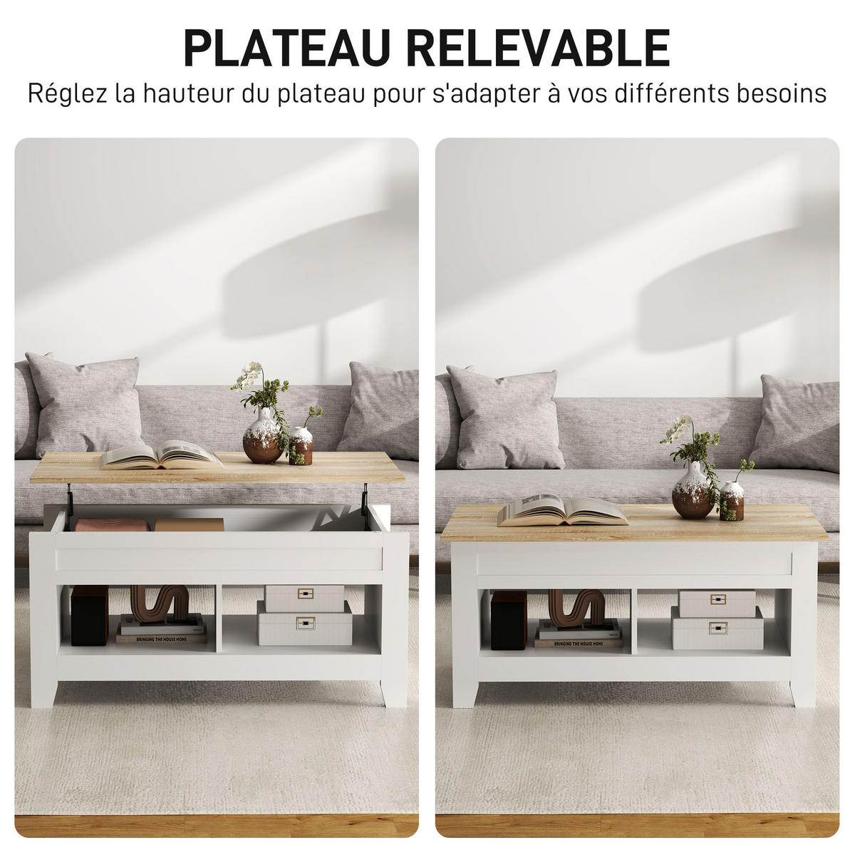 COUCHTISCH DE-15802 klappbare Platte Weiß - Weiß, Holzwerkstoff (105/50/62.5cm) - ComfortXL