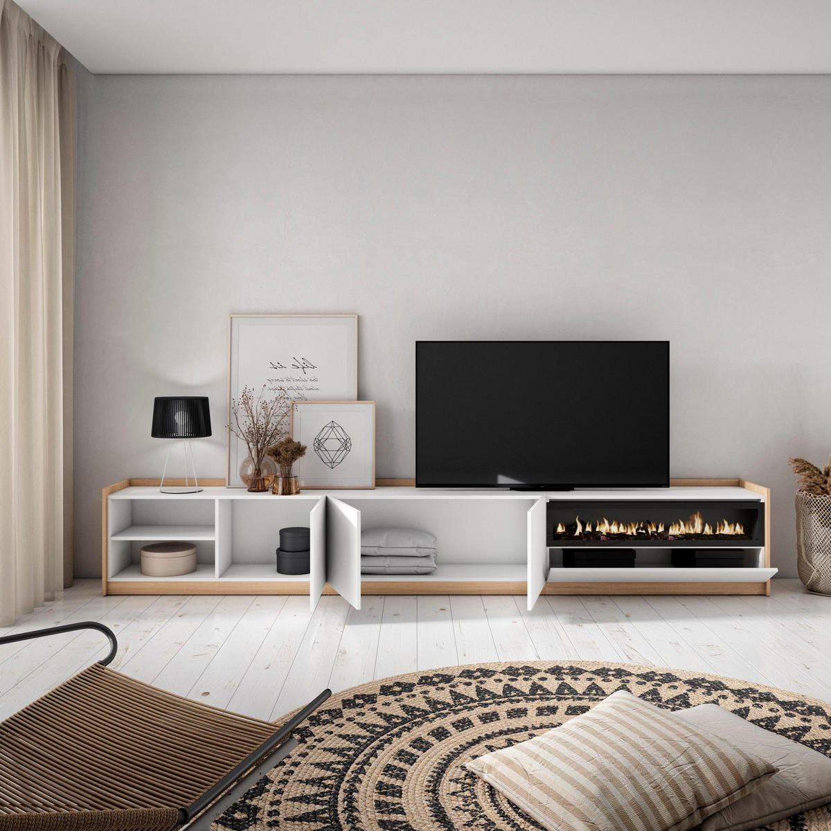 TV-SCHRANK, Lowboard, Weiß und Eiche Soft, Elektrokamin, 310/37/50cm - Weiß, Holzwerkstoff (310/50/37cm) - Skraut Home