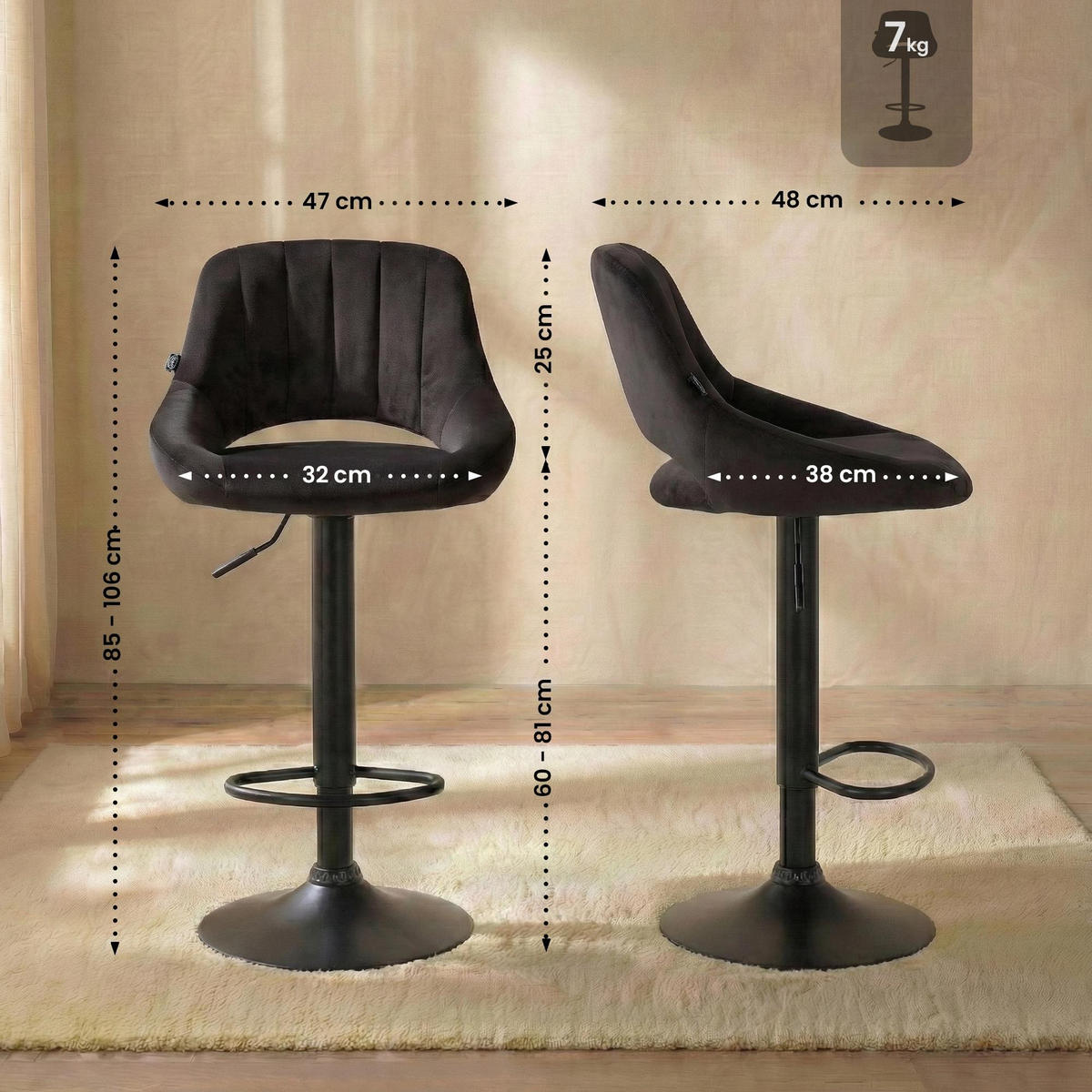 BARHOCKER Milet Set 2-teilig 85x47x48 cm schwarz - Schwarz, Textil (47/85/48cm) - furnicato