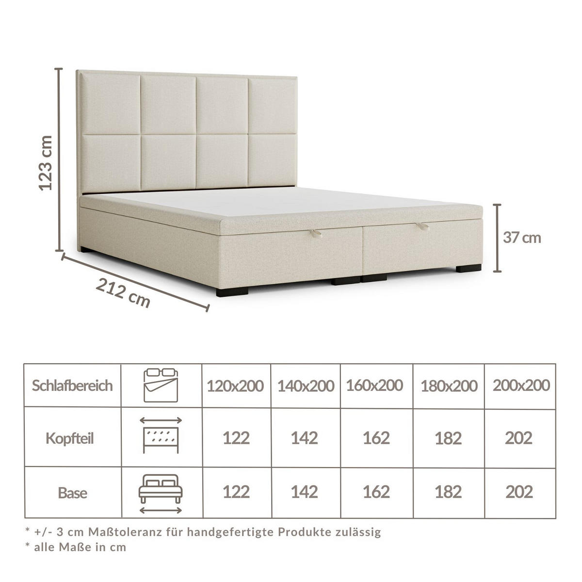 POLSTERBETT Fogo 200/200 cm, in Beige, Bettkasten, gepolstertes Kopfteil - Beige/Schwarz, Holz/Holzwerkstoff (200/200cm) - Maison de Reve