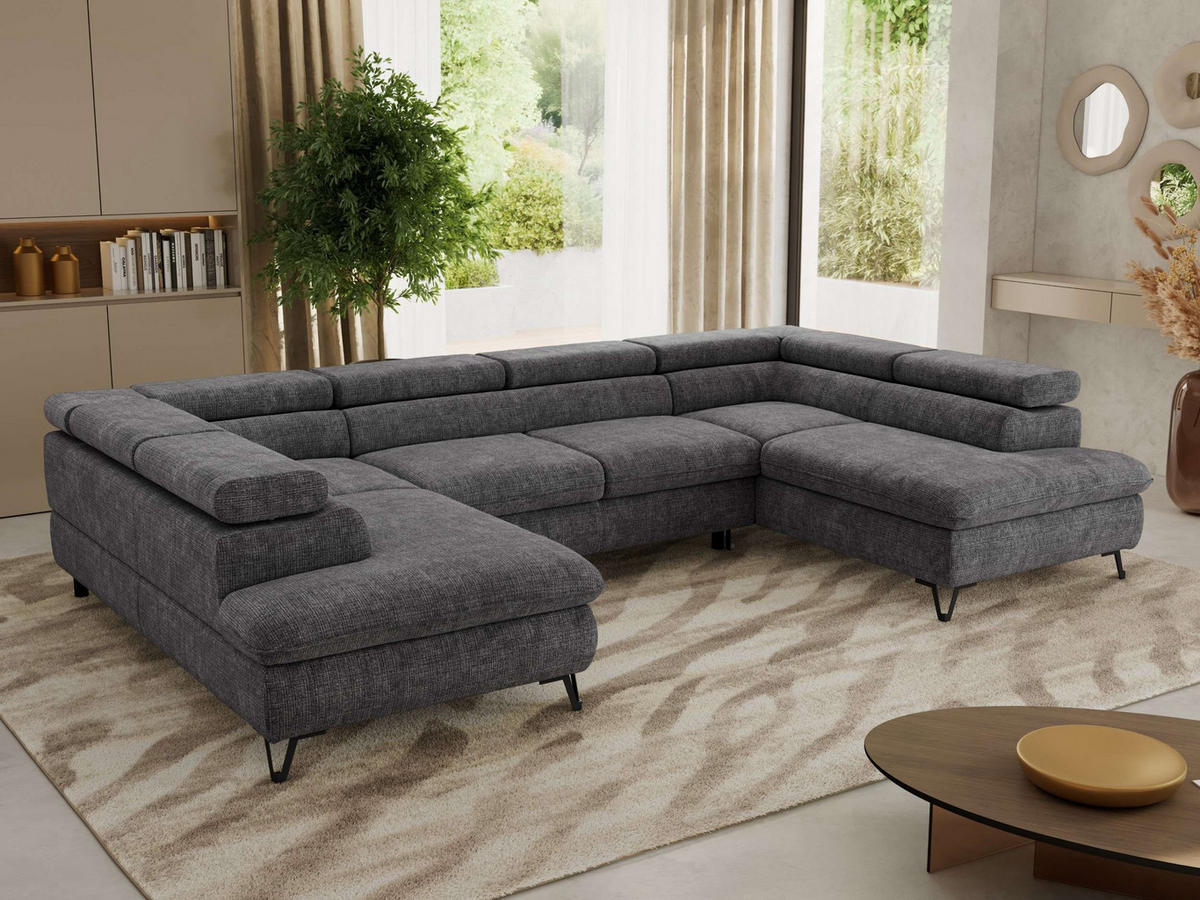 WOHNLANDSCHAFT PABLO U Schenille grob gewebt Grau - Schwarz/Grau, Textil/Metall (346/76/208cm) - MKS