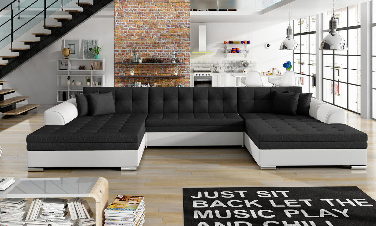 WOHNLANDSCHAFT VENTO U-Form – Großzügiges Ecksofa mit Schlaffunktion & Kissen 359 cm - Schwarz, Kunststoff (359/78/165cm) - Wohnideebilder