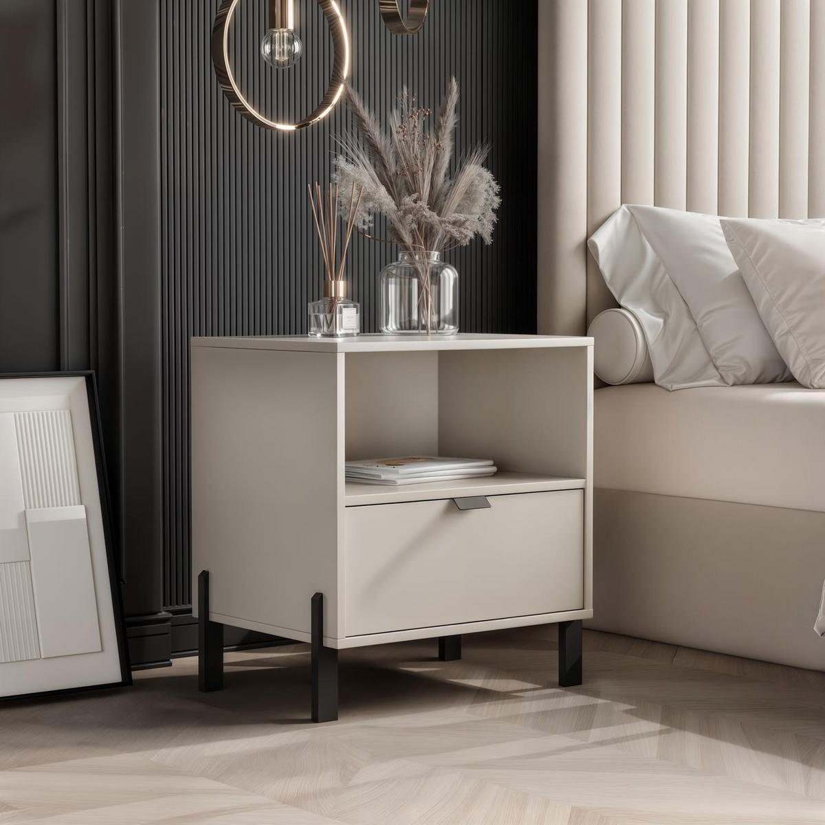 NACHTTISCH Calma Sandbeige, mit Schublade - Beige/Schwarz, Holzwerkstoff (57/55/45cm) - Bettso