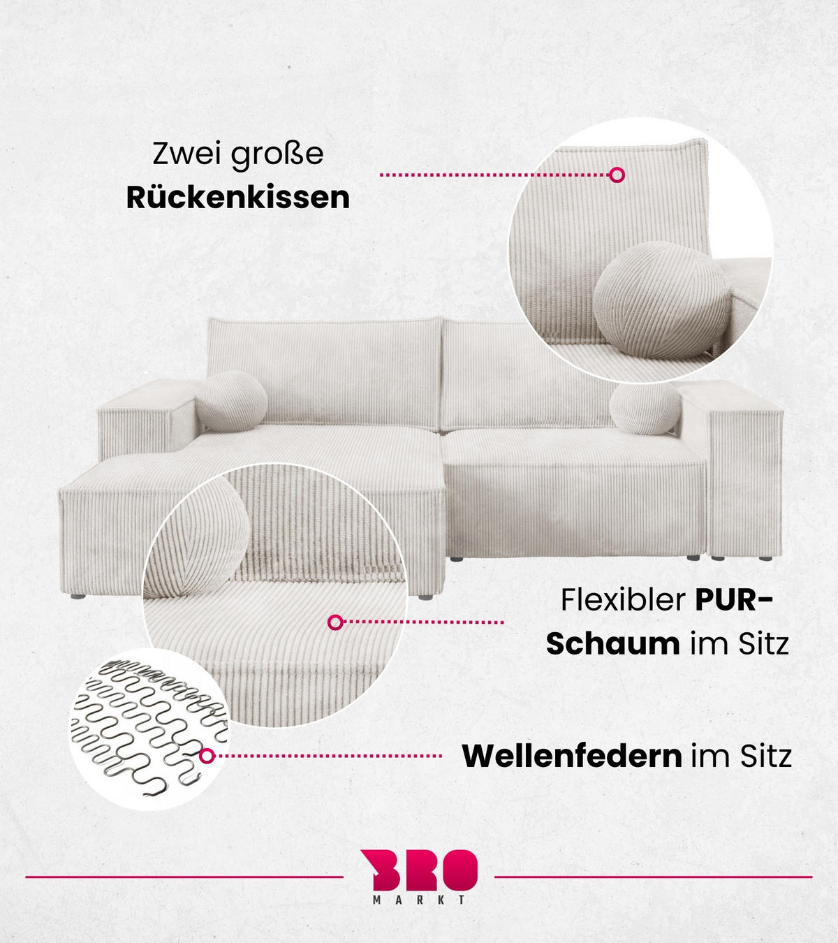 ECKSOFA Pablo Mini mit Schlaffunktion Weiß Cord - Weiß, Textil (255/148cm) - Bromarkt