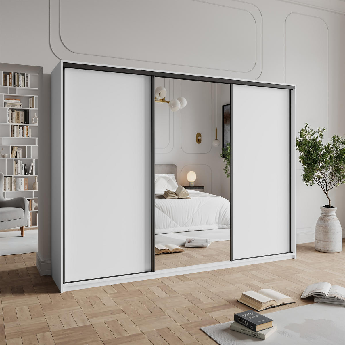SCHWEBETÜRENSCHRANK TAVI 250/205/60 cm 3-türig mit Spiegel und Schubladen Weiß - Schwarz/Weiß, Holzwerkstoff (250/205/60cm) - MASSENO
