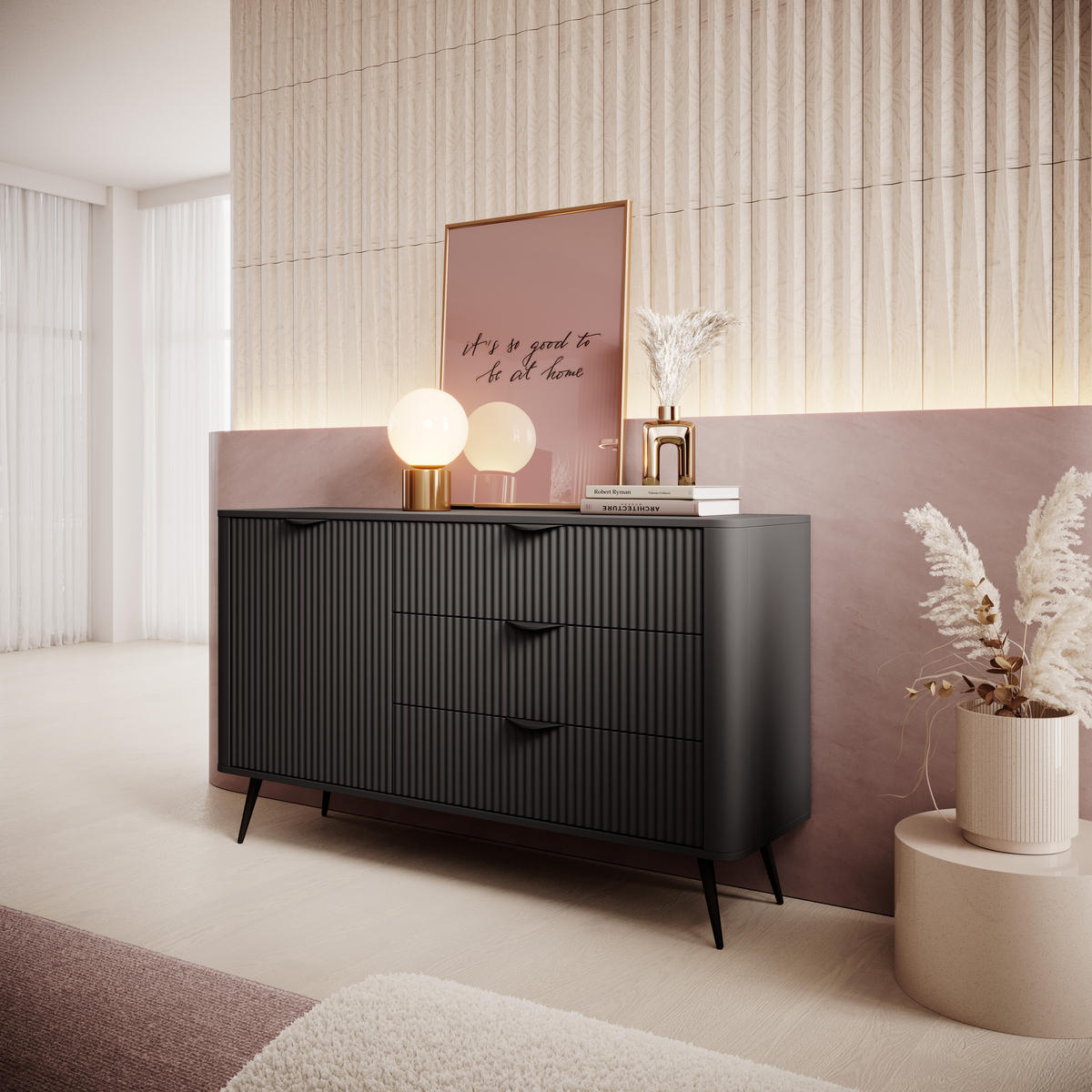 SIDEBOARD Vespasia 1T 3S Schwarz 138,2/81,2/38 cm – Geriffelten Fronten - Schwarz, Holzwerkstoff/Metall (138.2/81.2/38cm) - AX Living