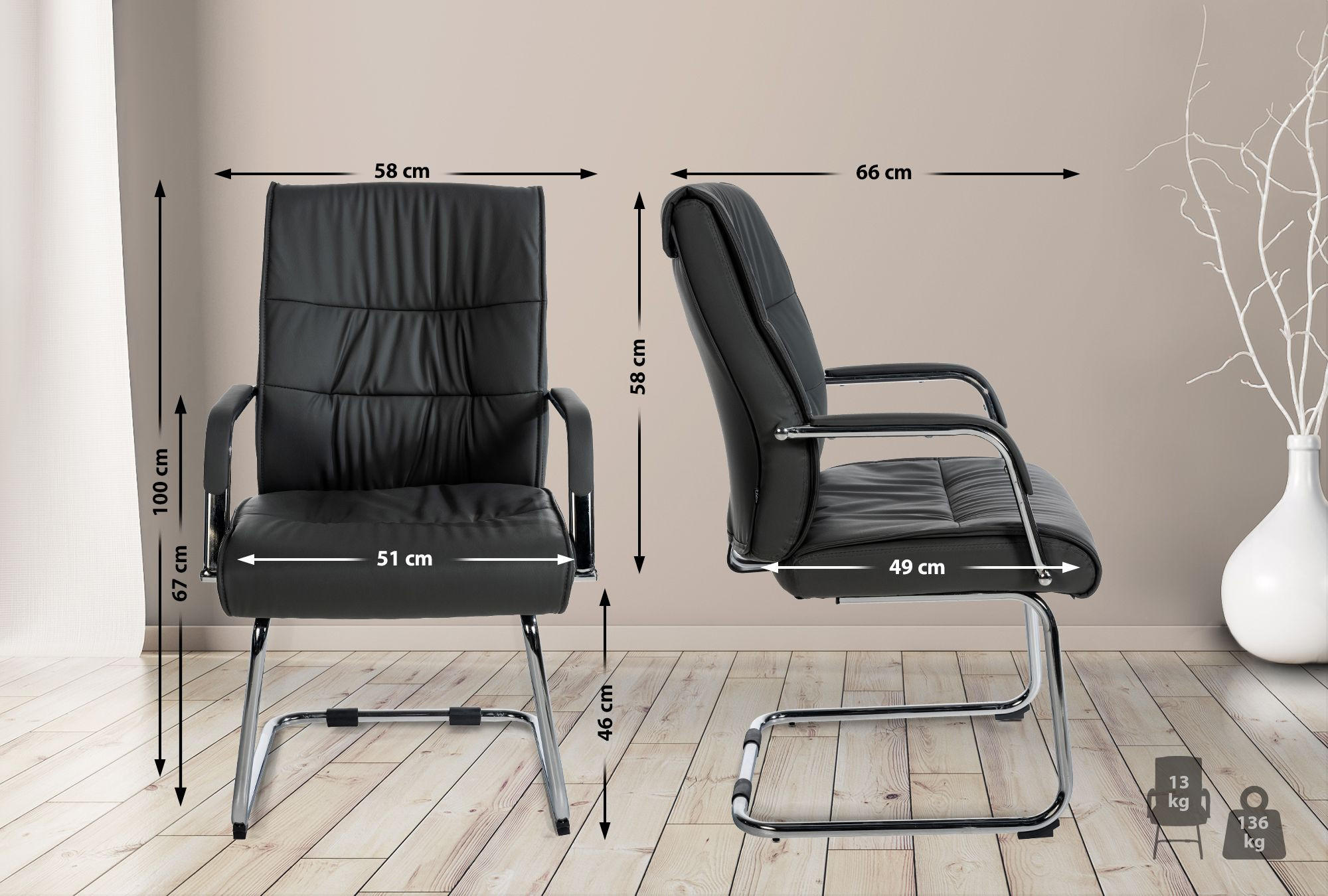 SCHWINGSTUHL Lederlook schwarz - Chromfarben/Schwarz, Textil/Metall (58/100/66cm) - CLP