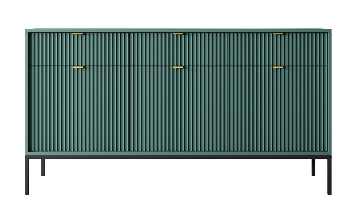 SIDEBOARD Eternas 3T 3S Grün 154/83/39 cm – schwarze Füße, mit geriffelten Fronten - Schwarz/Grün, Holzwerkstoff (154/83/39cm) - AX Living