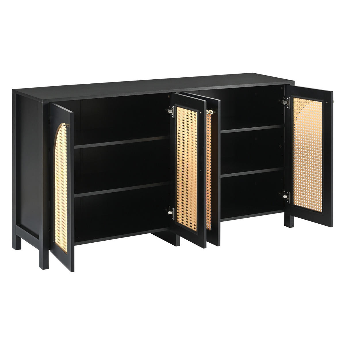 SIDEBOARD 145x40x80 cm, 4 Türen, Rattanoptik, Schwarz - Schwarz, Holz (145/80/40cm)