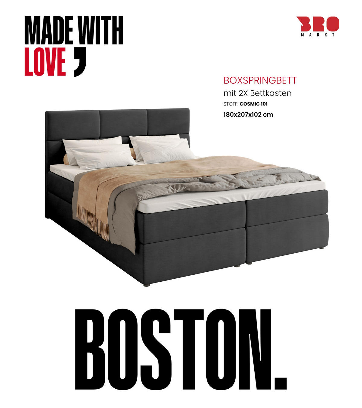 BOXBETT Boston mit Topper 180/200 Anthrazit - Anthrazit, Holzwerkstoff/Textil (180/200cm) - Bromarkt