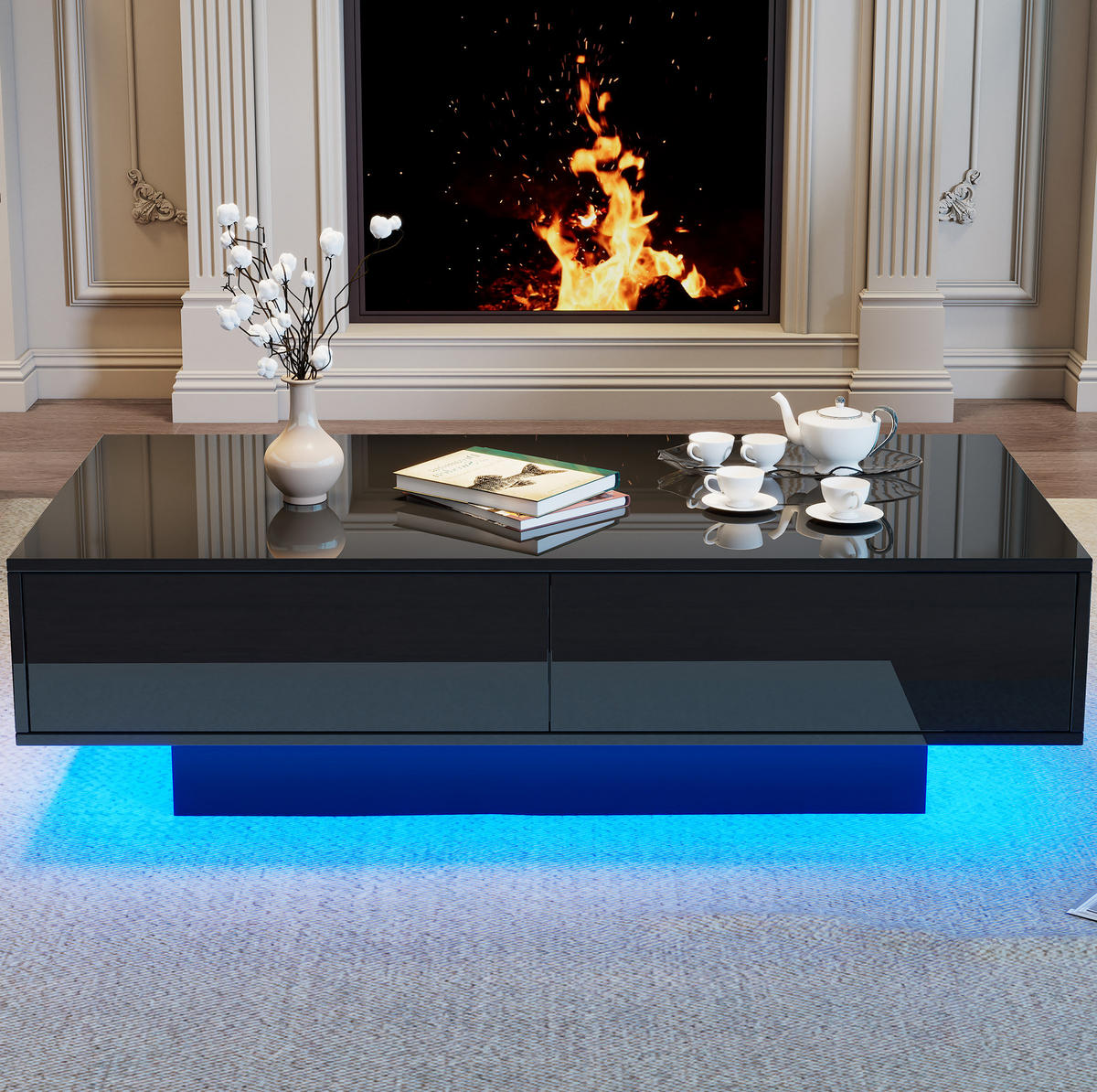 COUCHTISCH aus Spanplatte 115x55x34 cm Schwarz mit 2 Schubladen und LED-Beleuchtung - Schwarz, Holzwerkstoff (115/55/34cm) - IVMEU