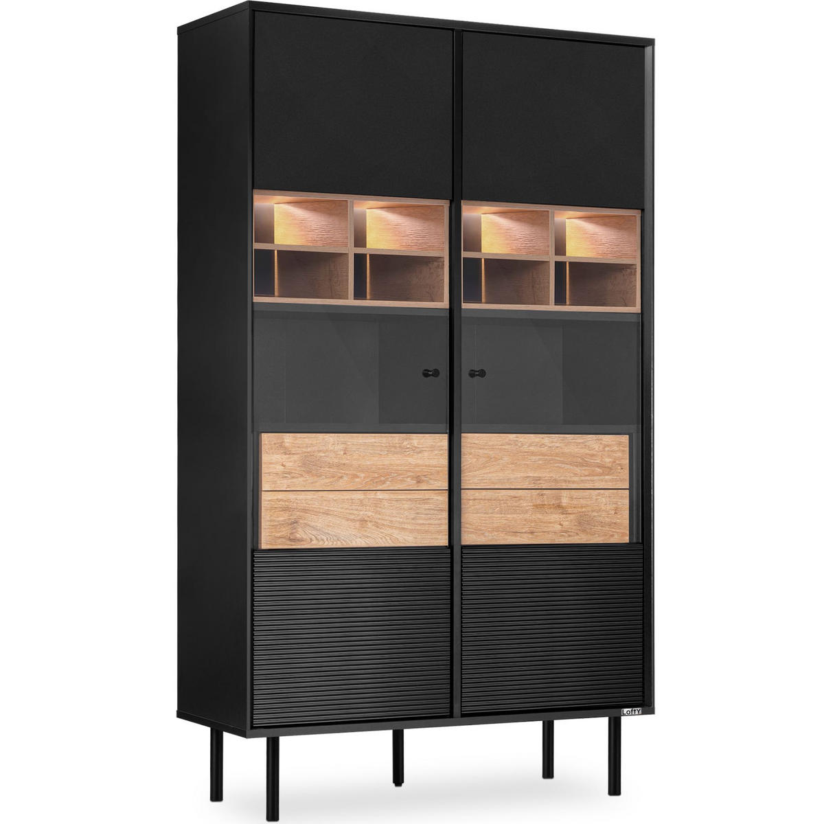 VITRINENSCHRÄNK LOFTY Kreuzeinlage, schwarz / Eiche natur - Eichefarben/Multicolor, Holzwerkstoff (102/174/41cm) - KONSIMO®