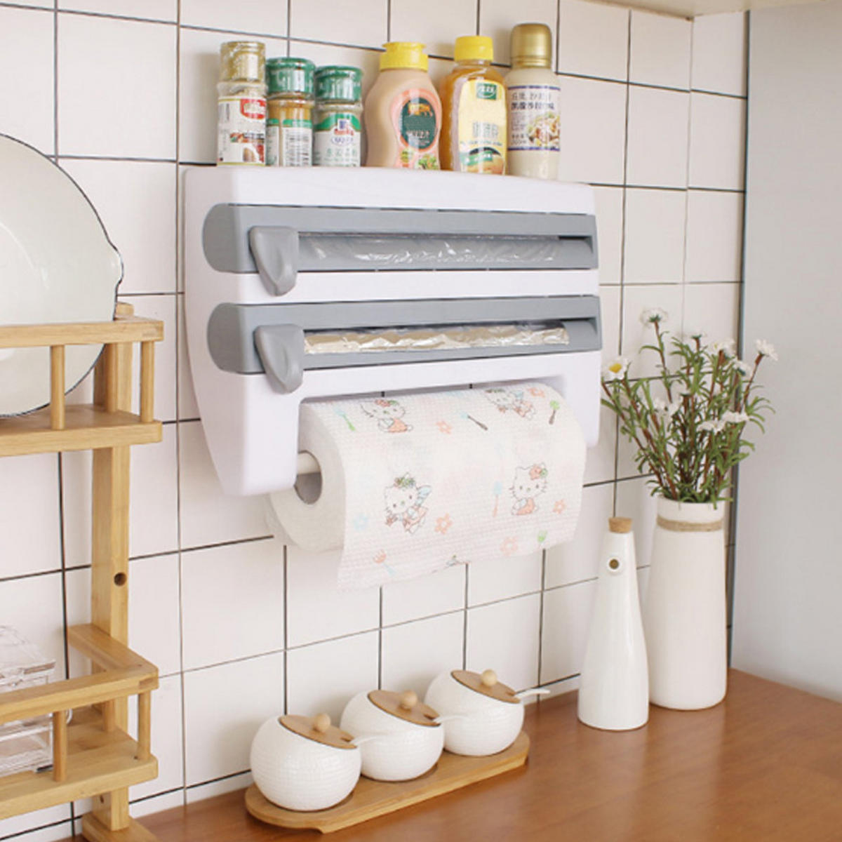 FRISCHHALTEFOLIENSPENDER grau mit Gewürzregal multifunktional 39/24/10 cm - Grau, Kunststoff (39/10/24cm) - Livingandhome