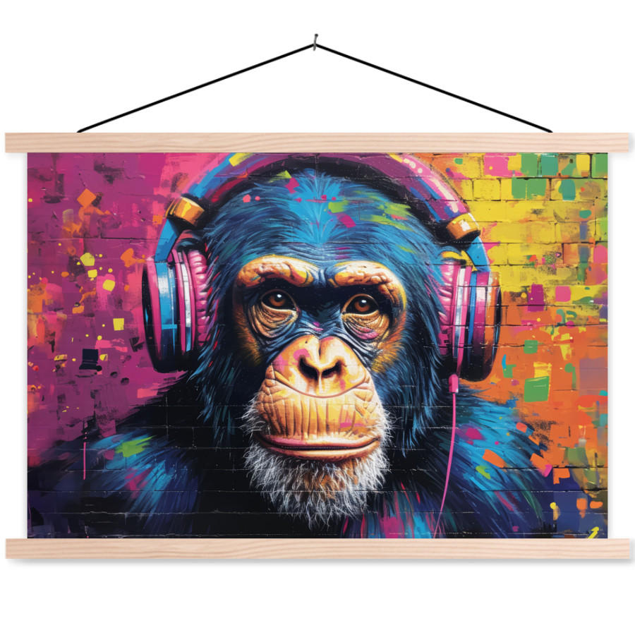 MuchoWow PLAKÁT S MAGNETICKOU LIŠTOU Graffiti - Šimpanz - Street art - Sluchátka - Opice 90x60 cm