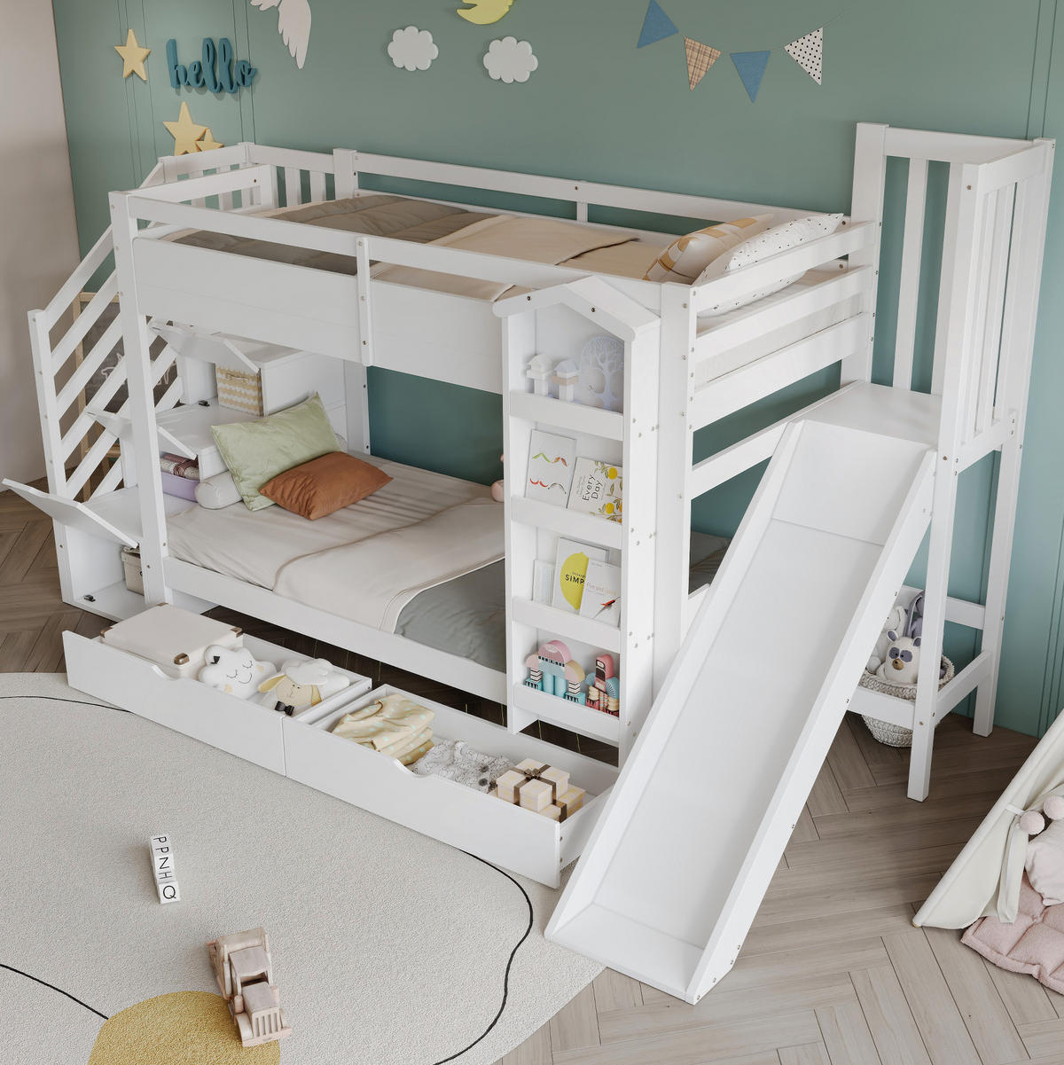ETAGENBETT aus Kiefer und MDF 90x200 cm Weiß mit Rutsche, Treppenregal, Bilderbuchregal und 2 Schubladen - Weiß, Holzwerkstoff (90/200cm) - Modfu