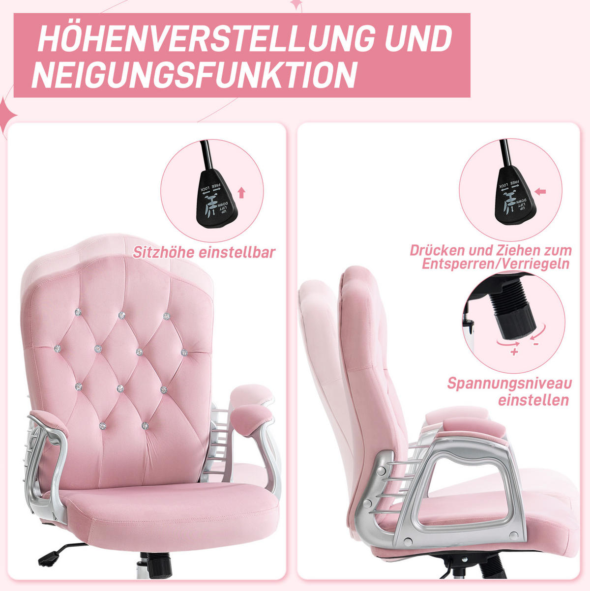 DREHSTUHL, höhenverstellbar 47-57 cm, samtweicher Polyesterbezug, 61/61/104-114 cm, Pink - Pink, Kunststoff (61/114/61cm) - Redom