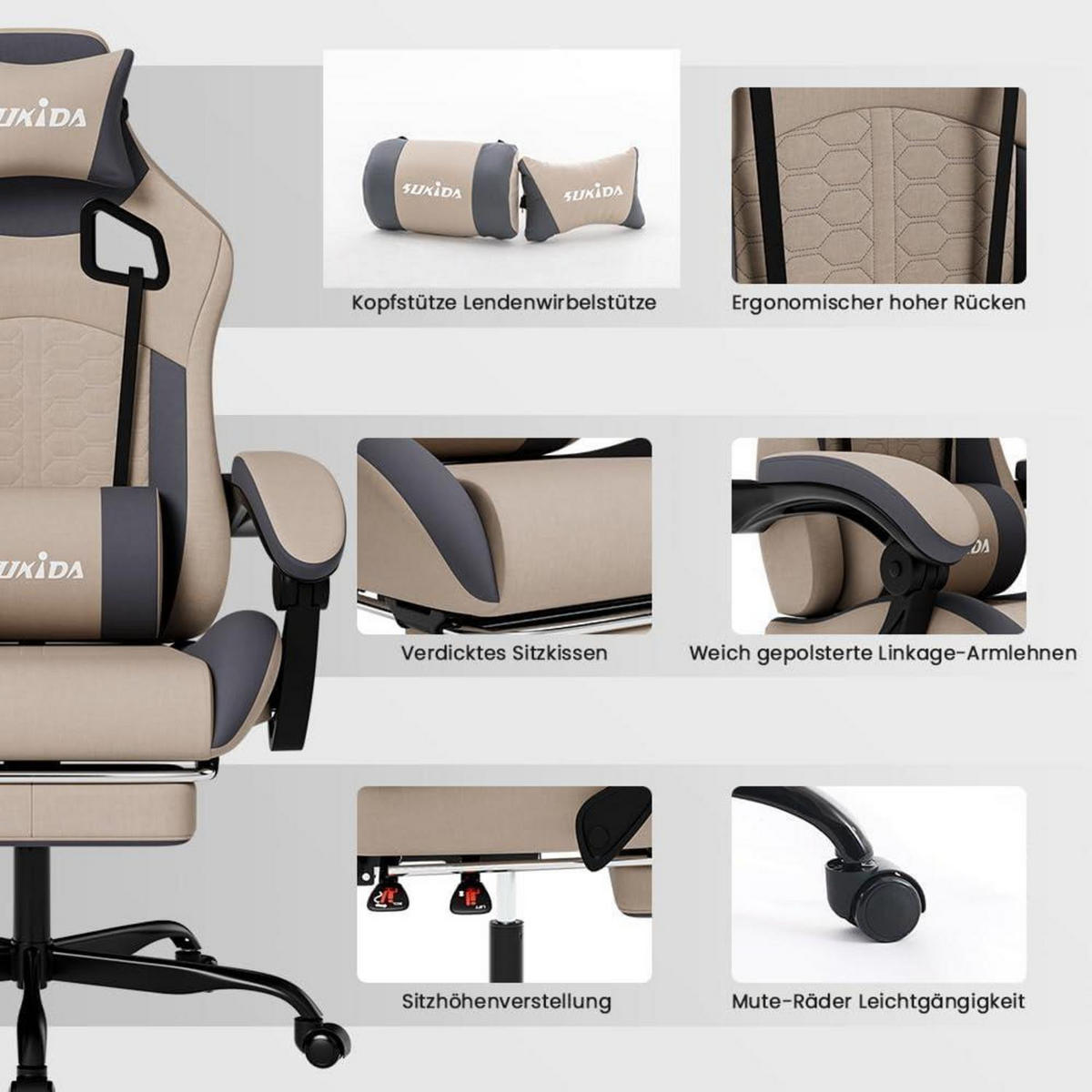 GAMING Stuhl mit Fußstütze Beige - Beige, Textil (57/45/52cm)