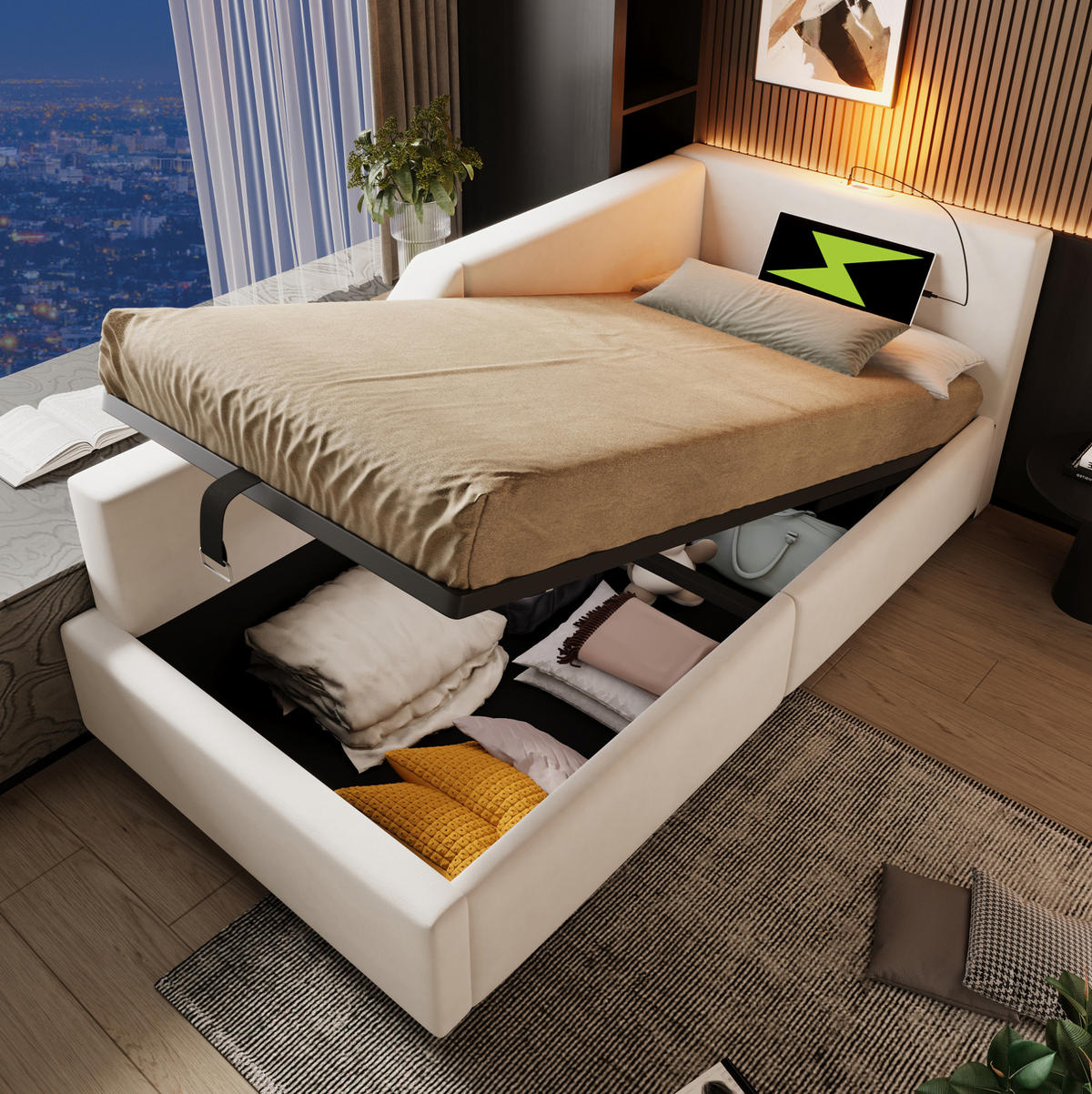 POLSTERBETT 90/200 cm Beige aus Samt mit Stauraum - Beige, Textil (90/200cm) - OKMYHOME